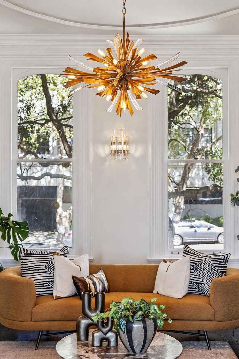This elegant living room features a curved, mustard-toned sofa centered beneath a striking, multi-armed gold and glass starburst chandelier. Two tall, arched windows frame the seating area, allowing natural light to illuminate the space and provide views of the trees outside. A wall-mounted crystal sconce adds a touch of sophistication, while a round coffee table with decorative vases and a potted plant completes the refined, contemporary aesthetic.