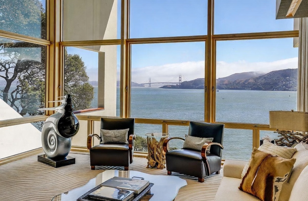 This sophisticated living room features expansive floor-to-ceiling windows that frame a breathtaking, unobstructed view of the Golden Gate Bridge and the bay. The space is furnished with two dark leather armchairs, a unique sculptural art piece, and a light-toned sofa, all arranged on a textured, wavy-patterned carpet. The overall aesthetic is one of refined luxury, emphasizing the seamless connection between the elegant interior and the iconic coastal scenery.