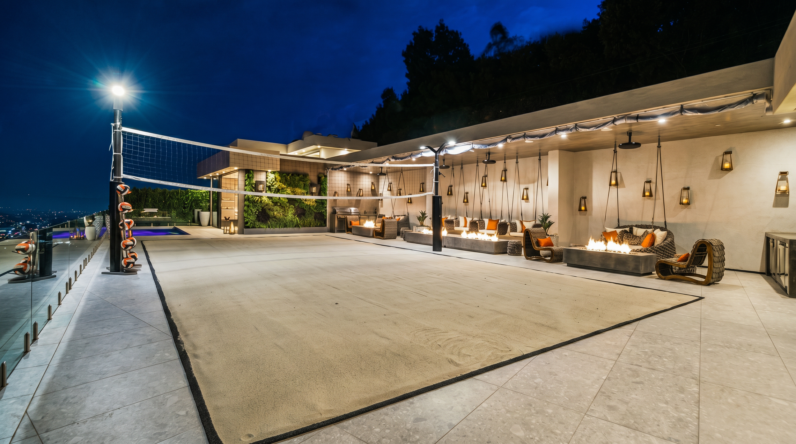 This expansive outdoor terrace features a professional-grade volleyball court set against a stunning twilight backdrop of city lights. The space is elegantly designed with multiple fire pits, hanging lounge seating, and a lush vertical garden wall, creating a sophisticated atmosphere for entertainment. The wide-angle perspective captures the seamless blend of luxury recreation and high-end architectural design.