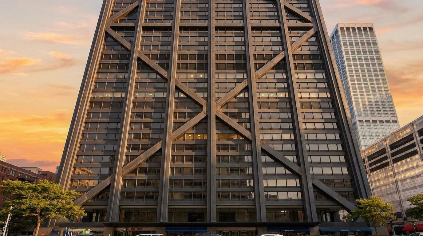 This low-angle, wide-perspective shot captures the iconic 875 North Michigan Avenue skyscraper in Chicago, showcasing its distinctive X-braced structural steel exterior. The building dominates the frame, rising sharply against a bright blue sky filled with scattered clouds, while the surrounding urban streetscape and traffic are visible at the base. The image emphasizes the massive scale and industrial architectural style of this landmark commercial property.