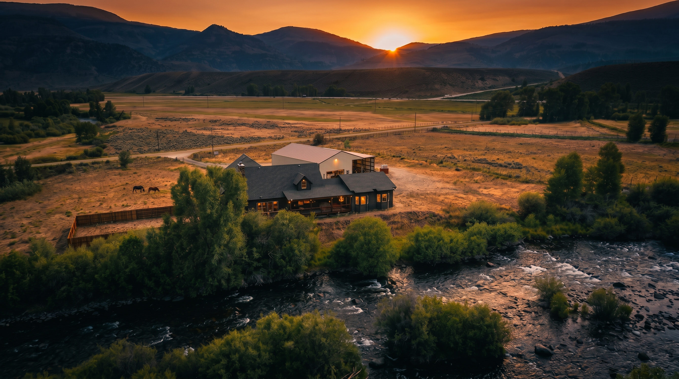 This aerial perspective captures a rustic-style home nestled in a vast, mountainous landscape alongside a flowing river. The property features a multi-gabled roofline, a spacious wooden deck, and an adjacent large metal-sided outbuilding, all set against a backdrop of rolling hills and clear blue skies. The scene emphasizes the serene, secluded nature of the location, highlighting the integration of the residence with the surrounding natural terrain.