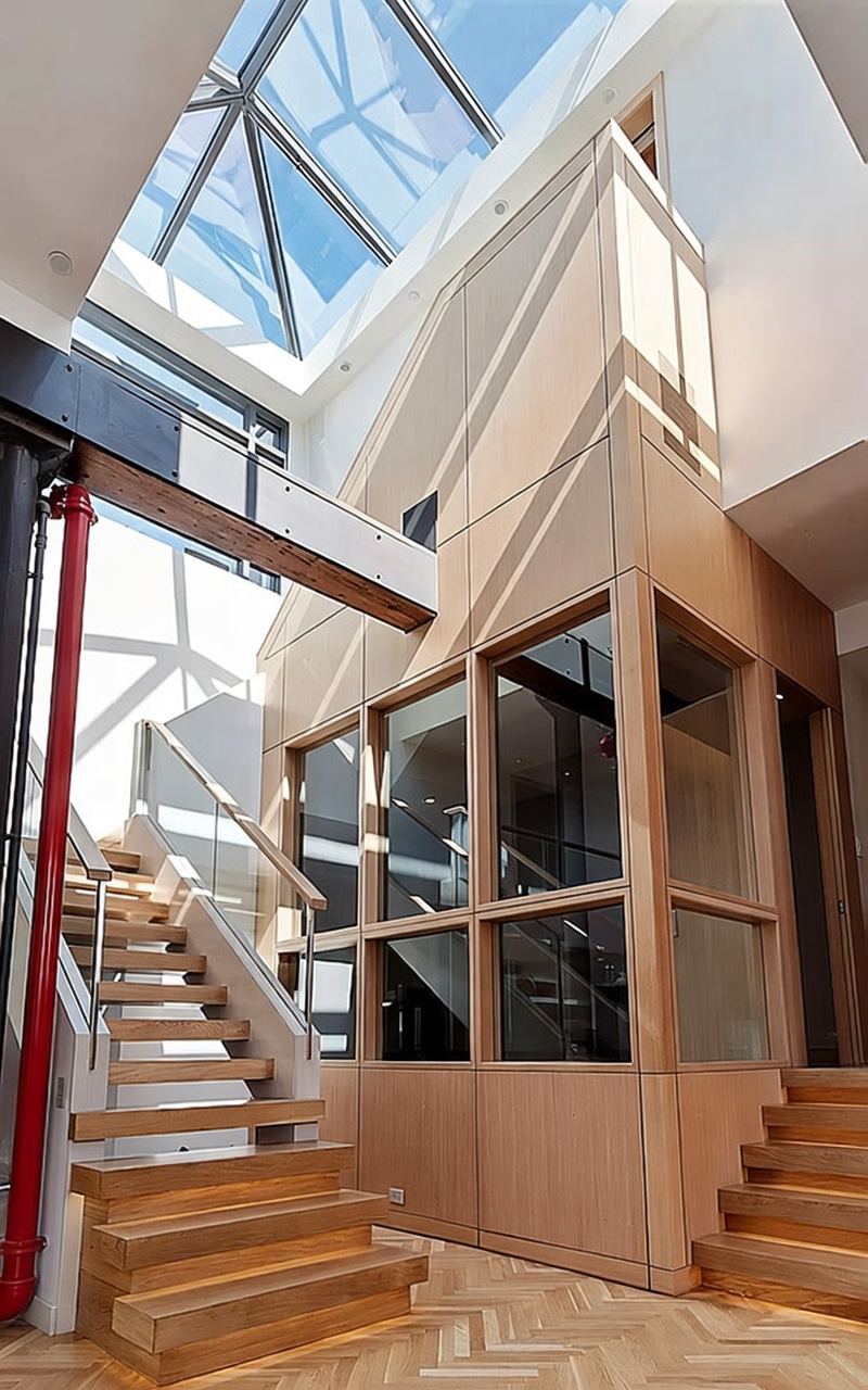 This striking interior space features a dramatic staircase with light wood treads and glass railings, leading up toward a large, angular skylight that floods the area with natural light. A prominent red industrial pipe runs vertically along the left side, contrasting with the warm, light wood paneling that encases a central glass-walled structure. The perspective is captured from the base of the stairs, emphasizing the verticality and modern architectural design of the multi-level home.