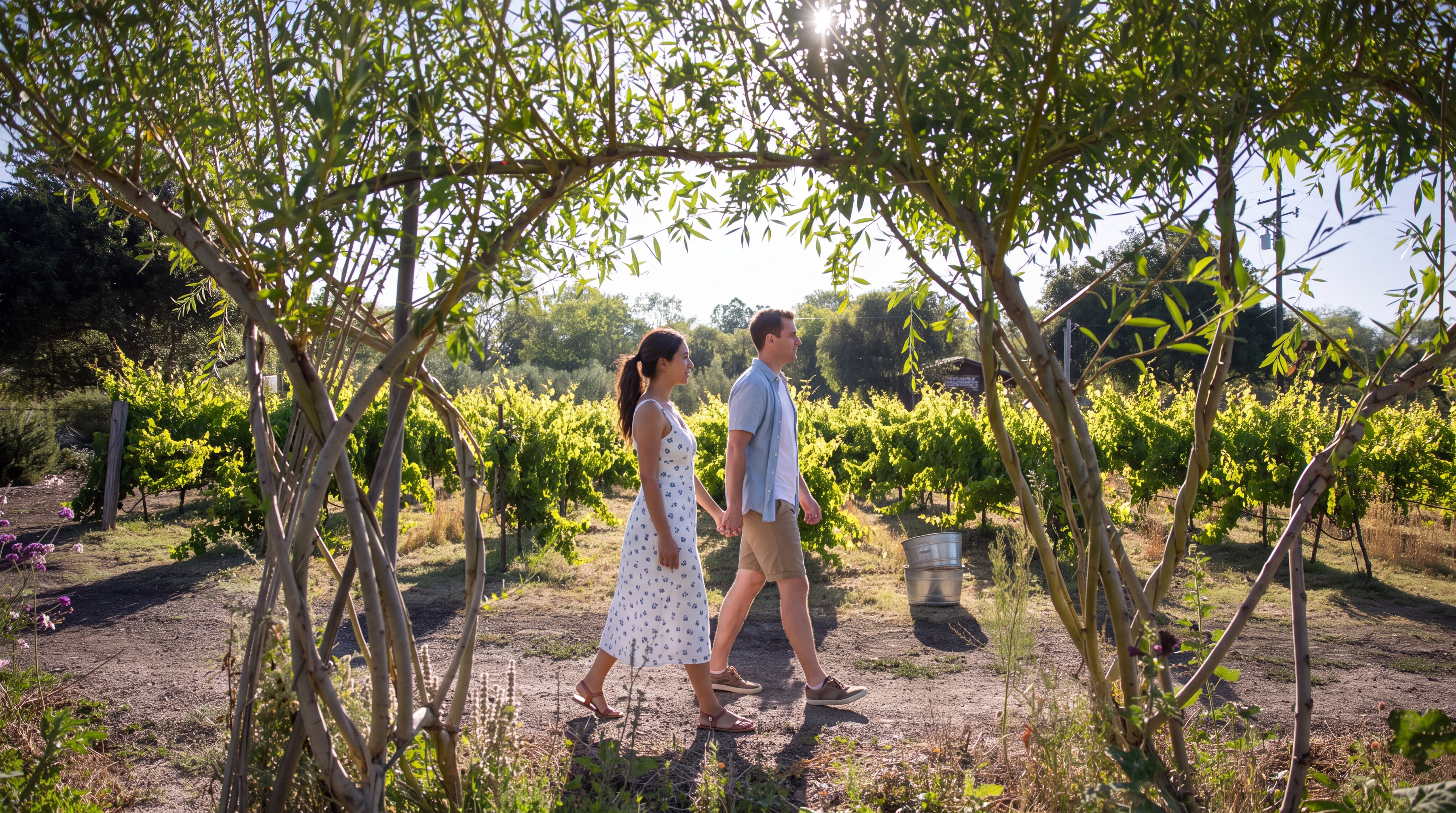 This scenic image captures a beautifully landscaped vineyard viewed through an archway of slender trees. The sun glows brightly behind the canopy, casting soft shadows over the rows of lush green vines and the dirt path. It conveys a peaceful, rural estate aesthetic perfect for properties with agricultural or horticultural appeal.