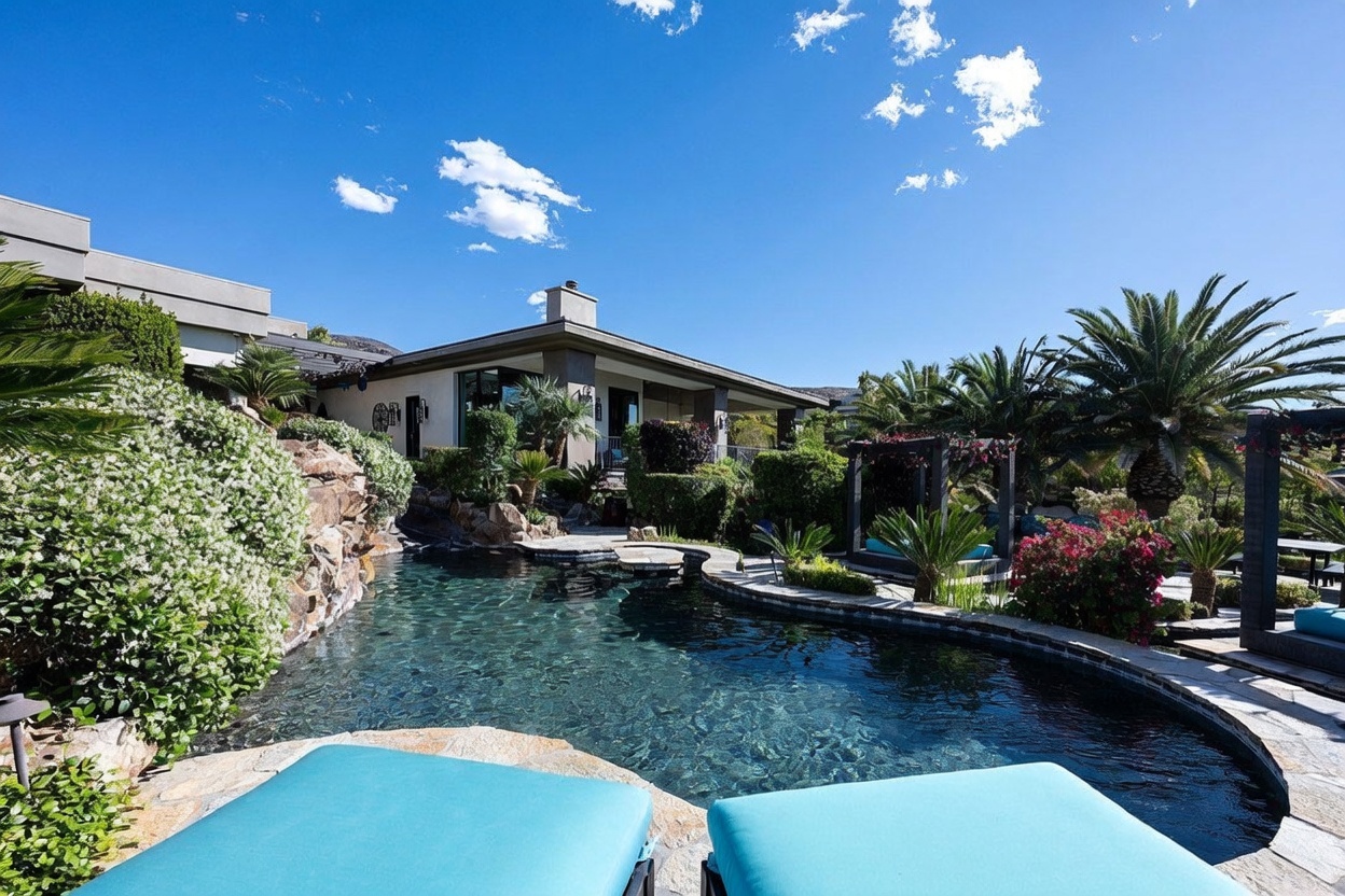 This luxurious backyard oasis features a custom-shaped swimming pool with a naturalistic rock waterfall feature integrated into the landscaping. The scene is framed by lush tropical greenery, palm trees, and a shaded pergola area, creating a serene and private resort-like atmosphere. In the foreground, two bright turquoise lounge chairs offer a perfect vantage point to enjoy the sunny, clear-sky view of the home's rear exterior.