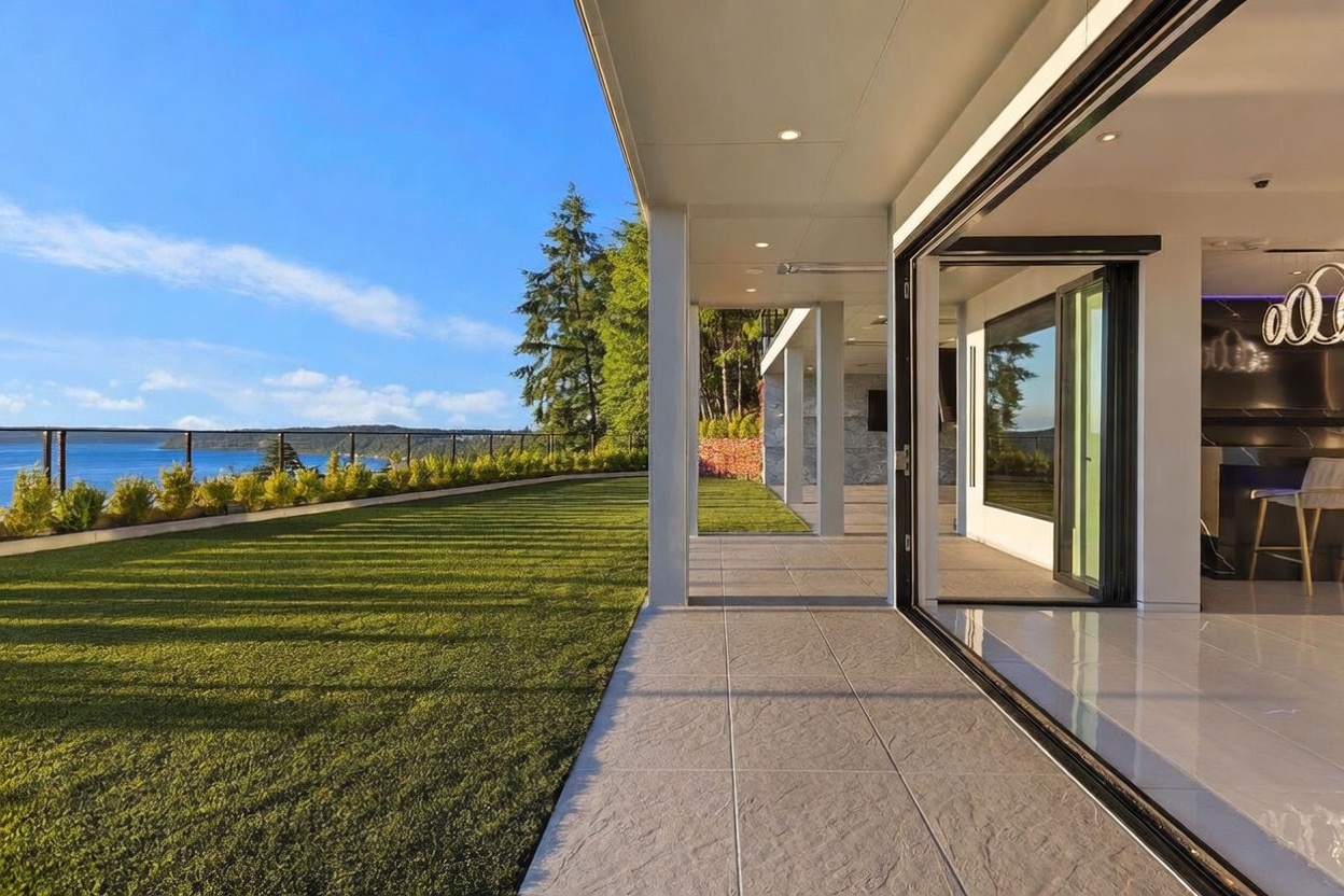 This image captures a seamless transition between a modern indoor living space and a spacious outdoor patio overlooking a scenic waterfront. The patio features large, light-colored tiles and is sheltered by a deep roof overhang with recessed lighting, while the interior is visible through expansive glass sliding doors. The manicured lawn stretches toward a glass-railed perimeter that frames the expansive blue water and distant treeline, creating a sophisticated and airy atmosphere.