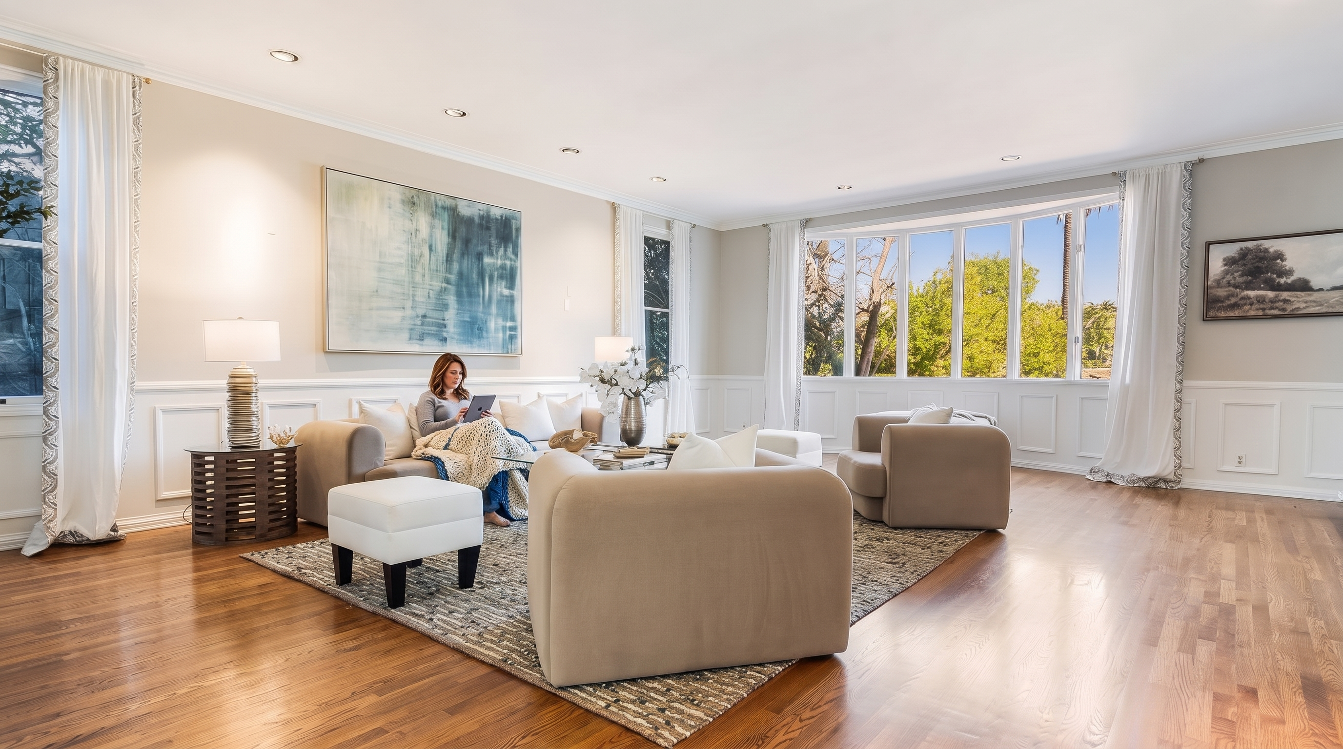 This bright and airy living room features warm wood flooring and crisp white wainscoting along the lower walls. The space is furnished with a neutral-toned sectional sofa, a matching armchair, and a small ottoman, all arranged on a textured area rug. Large windows allow ample natural light to fill the room, highlighting the minimalist decor and the large abstract artwork on the wall.