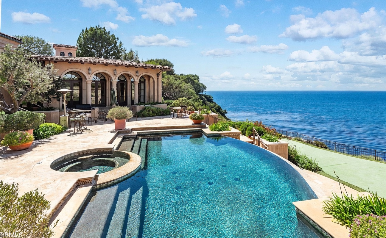 This stunning Mediterranean-style estate features a luxurious infinity-edge pool and integrated spa overlooking the vast blue ocean. The expansive stone patio provides ample space for outdoor dining and lounging, framed by elegant arched doorways and lush landscaping. The perspective captures the seamless transition between the refined architecture of the home and the natural beauty of the coastal horizon.