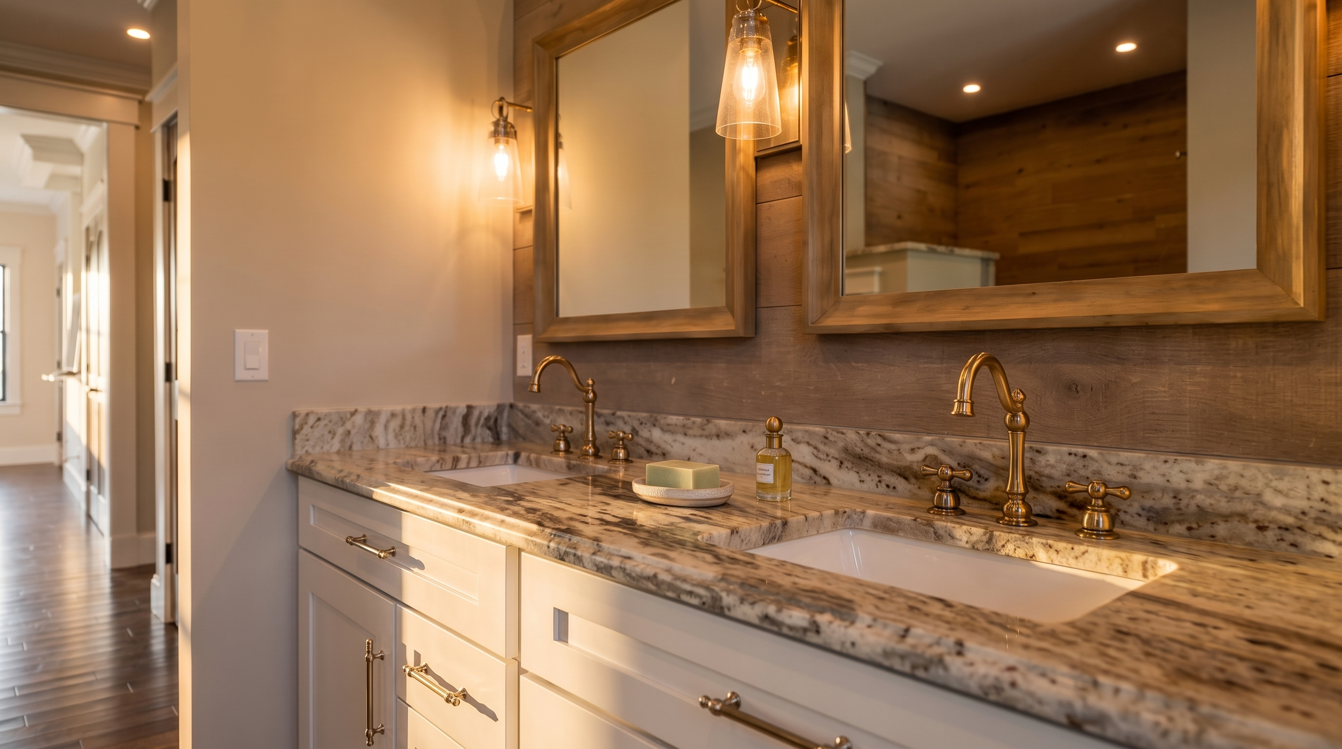 This primary bathroom features a dual-vanity with white cabinetry and a sophisticated, light-veined marble countertop. A rustic wood-plank accent wall serves as the focal point, complemented by matching framed mirrors and elegant sconce lighting. The space flows into a bright hallway with dark hardwood floors, creating a seamless blend of modern luxury and farmhouse-inspired warmth.