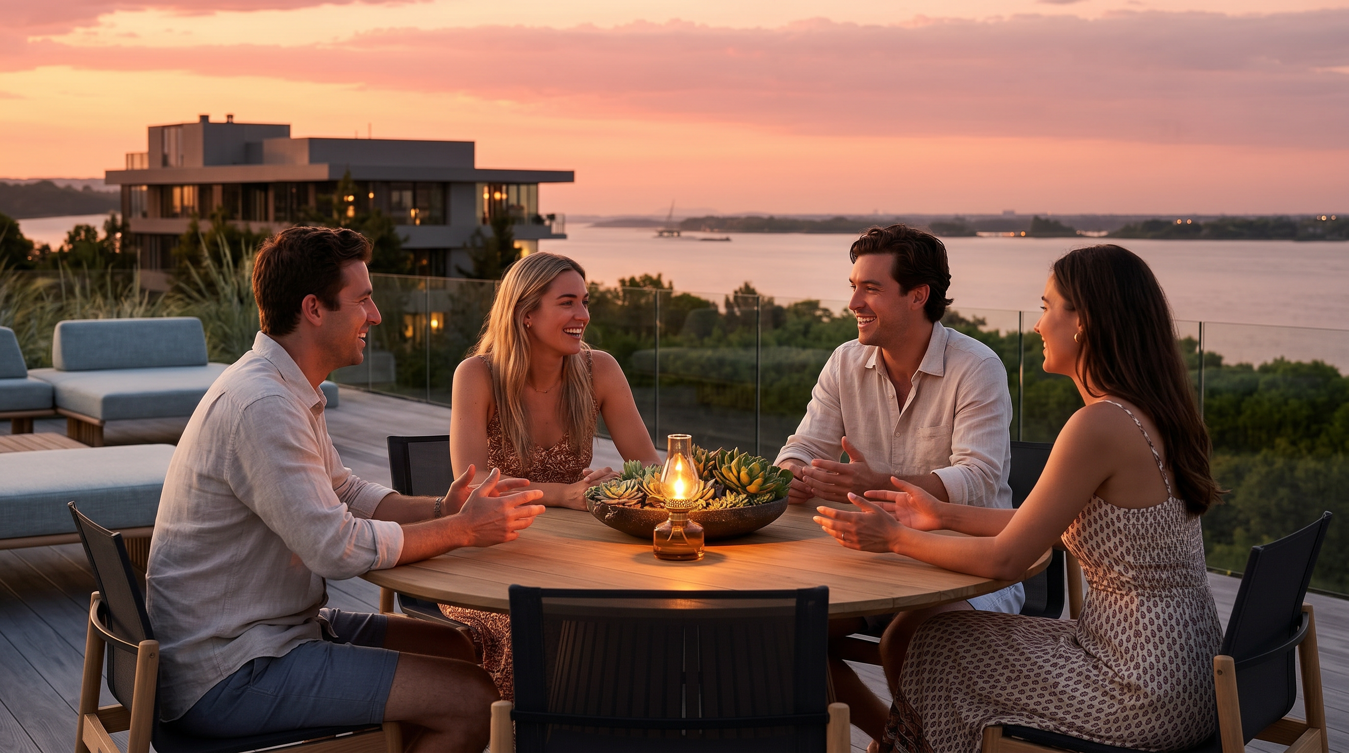 This expansive rooftop deck features a modern, minimalist aesthetic with light-toned wood decking and a glass railing that provides an unobstructed view of the water and horizon. The space is furnished with low-profile, light-colored lounge seating and a circular dining table with matching chairs, creating an ideal setting for outdoor entertaining. The scene is captured at sunset, casting a soft, warm glow over the entire terrace and the surrounding landscape.