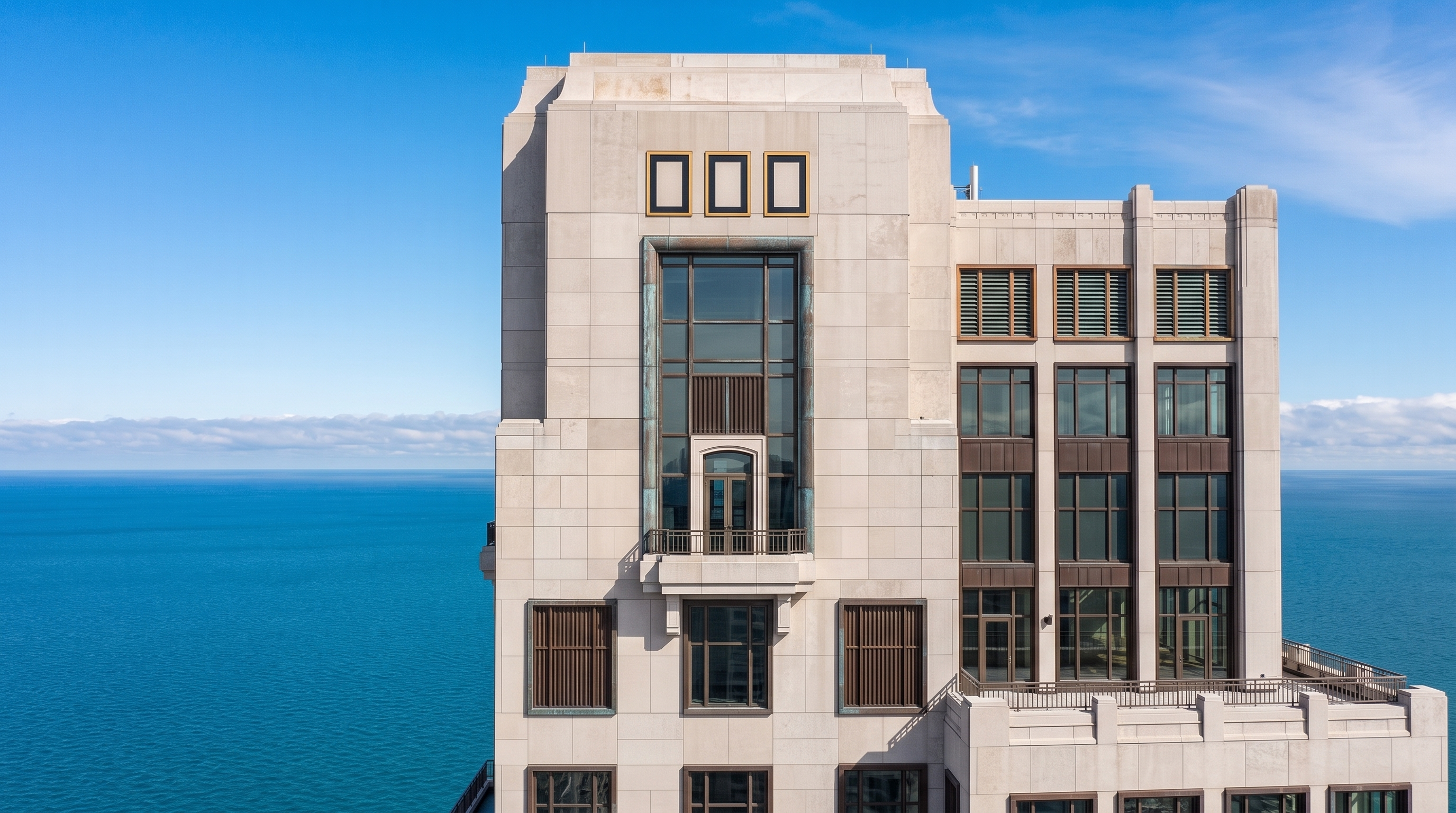 This high-angle aerial perspective captures a prominent, light-colored stone skyscraper rising against a clear blue sky. The building features a classic, stepped-back architectural design with numerous grid-patterned windows and a distinct, multi-tiered crown. In the background, a vast body of water stretches toward the horizon, while neighboring high-rise structures are visible in the lower foreground, emphasizing the building's urban coastal setting.