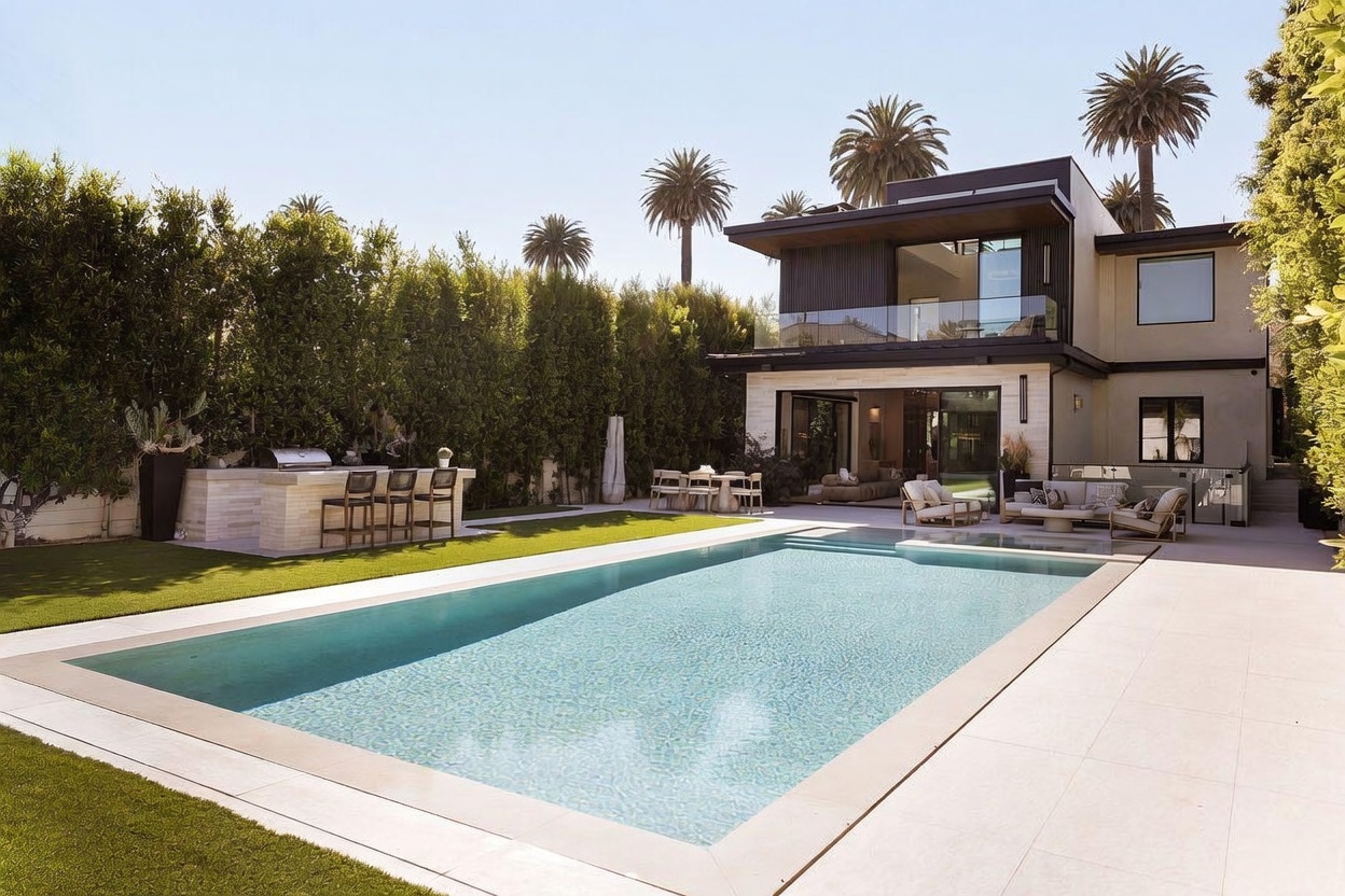 This modern luxury residence features a large, rectangular swimming pool as the centerpiece of a meticulously landscaped backyard. The outdoor space includes a stone-topped bar area with stools, a dining set, and a comfortable lounge area adjacent to the home's sliding glass doors. The architecture showcases clean lines, a balcony with a glass railing, and tall hedges that provide privacy for the property.