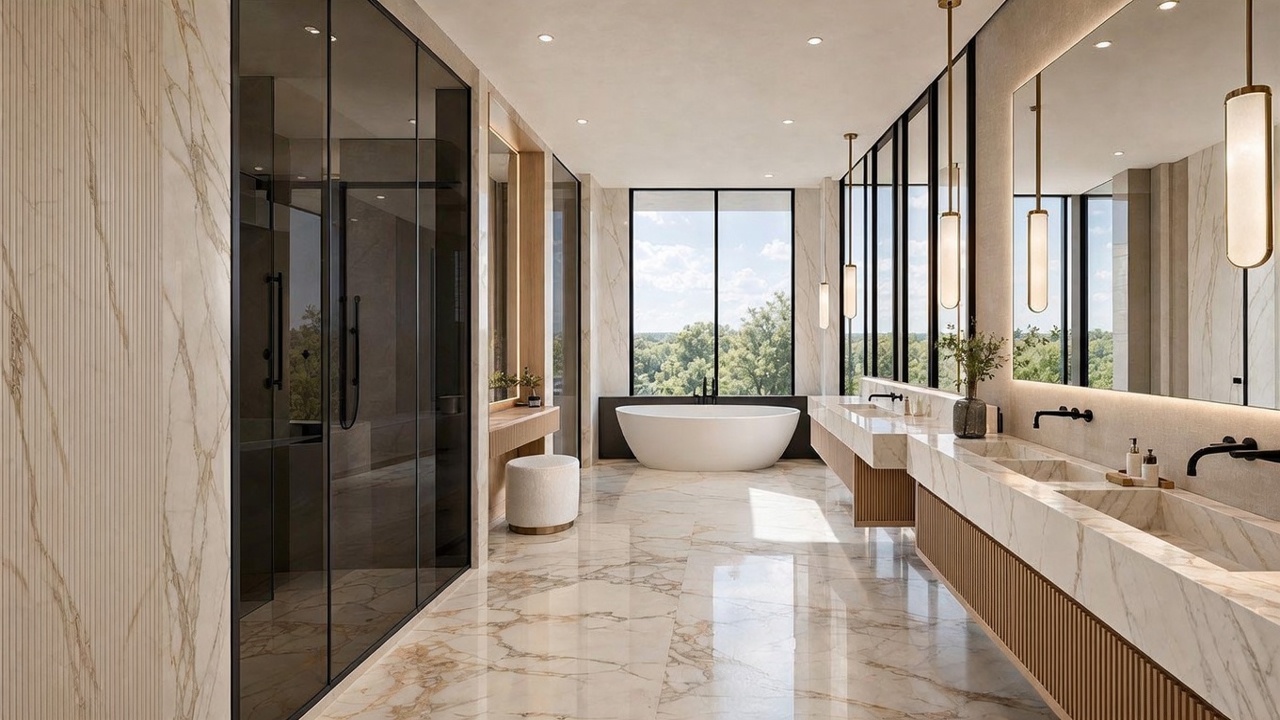 This luxurious primary bathroom features a double vanity with stone countertops, a freestanding soaking tub positioned in front of a large window, and a spacious walk-in shower enclosed by dark-framed glass. The room is finished with light-toned stone flooring and wall cladding, accented by warm wood cabinetry and elegant pendant lighting. The perspective is a wide-angle shot looking down the center of the room, emphasizing the clean lines and high-end contemporary design.