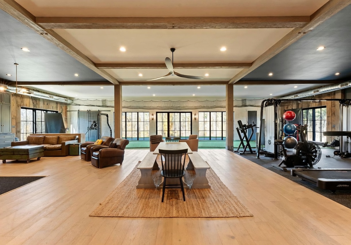 This expansive, multi-functional space features a blend of a home gym and a casual living and dining area, characterized by light wood flooring and exposed wooden ceiling beams. The room is anchored by a central dining table and a comfortable seating area, while the perimeter is equipped with professional-grade fitness equipment and protective netting. Large windows provide an abundance of natural light and a view of the outdoors, creating an airy and versatile environment.