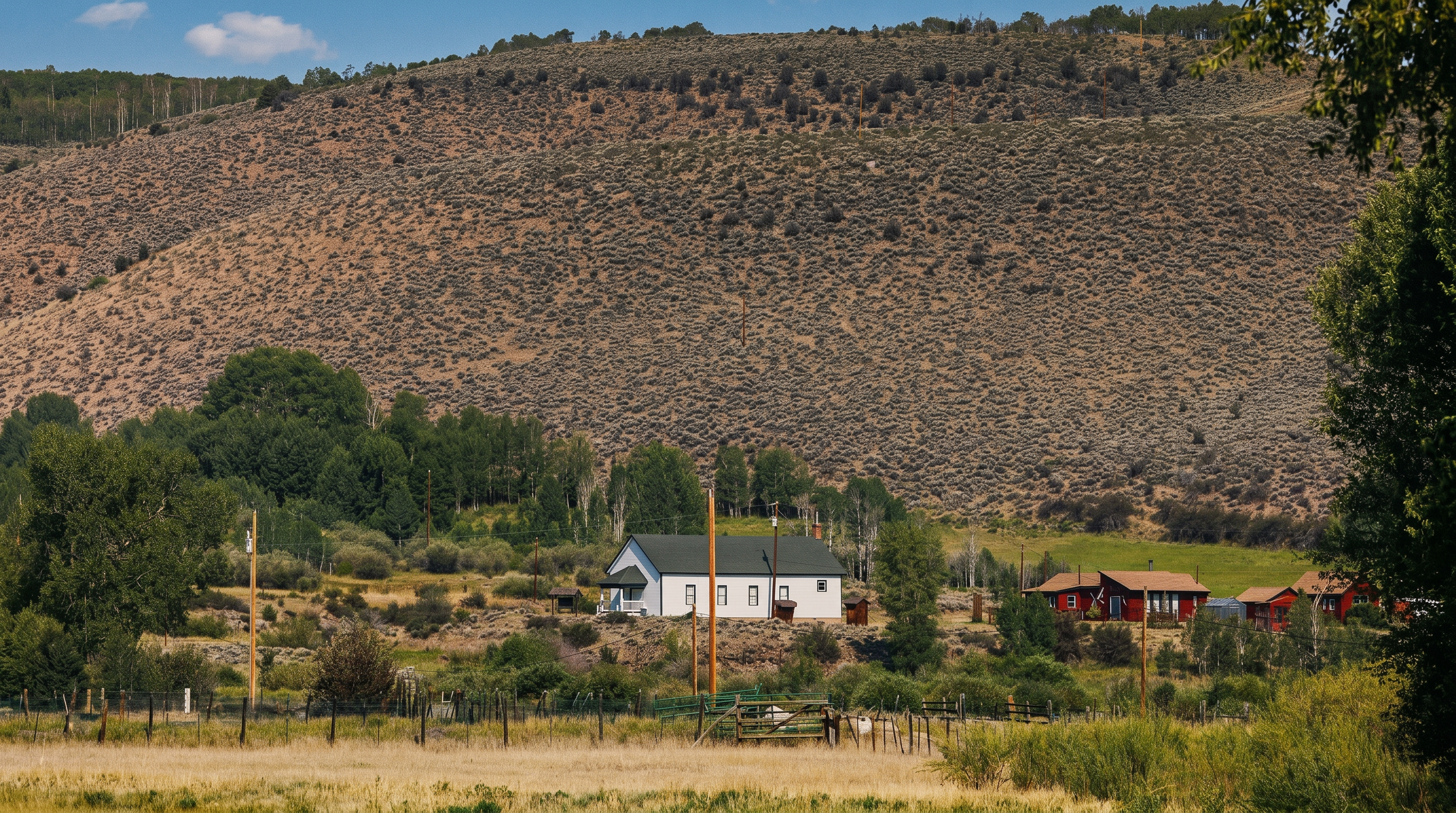 This wide-angle landscape shot captures a rural property set against a vast, sage-covered hillside. The scene features a prominent white building with a dark roof, flanked by a cluster of smaller red structures, all nestled within a valley surrounded by lush green trees and golden fields. The perspective is elevated and distant, emphasizing the expansive, serene natural setting and the quiet, isolated character of the property.
