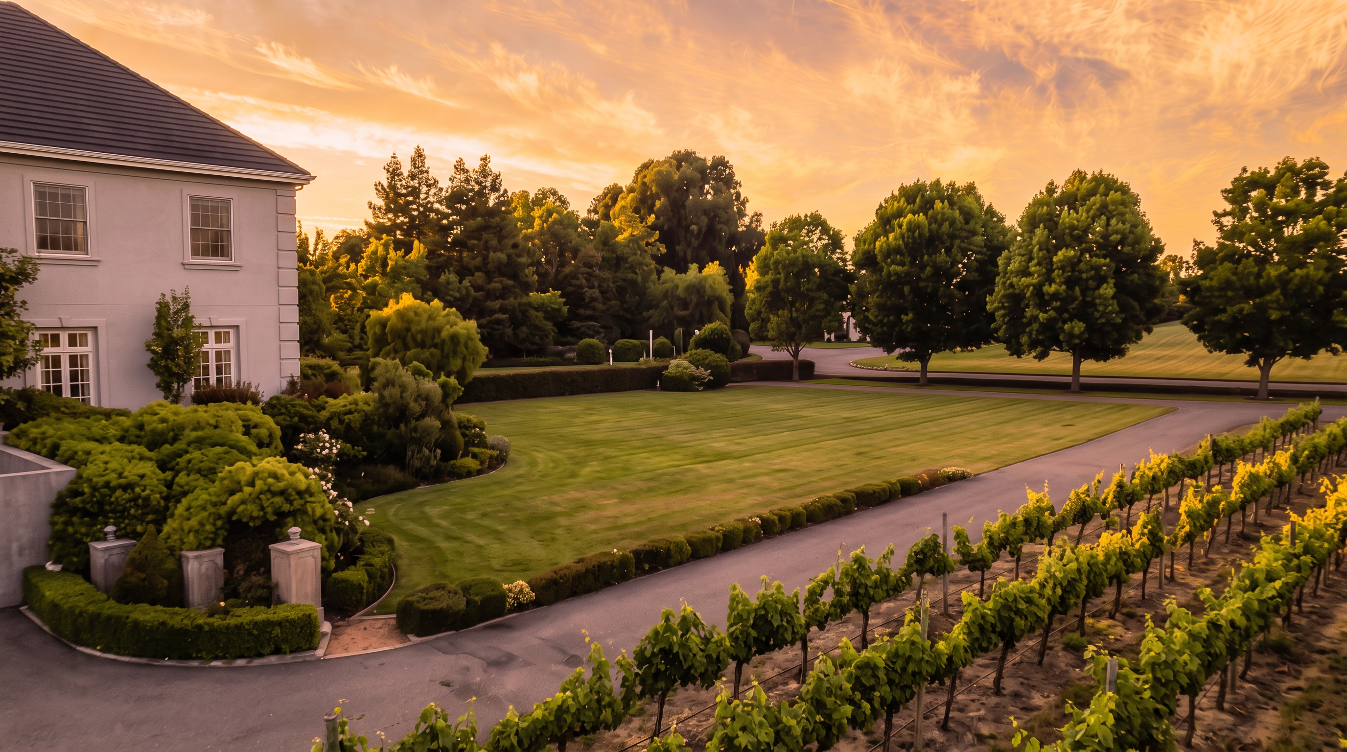 This stunning estate features a sprawling, immaculately manicured lawn flanked by a private vineyard in the foreground. The elegant residence is complemented by mature landscaping, manicured hedges, and a serene atmosphere, all beautifully highlighted by a warm, golden sunset sky. The property offers a sense of privacy and refined rural luxury, ideal for high-end residential living.