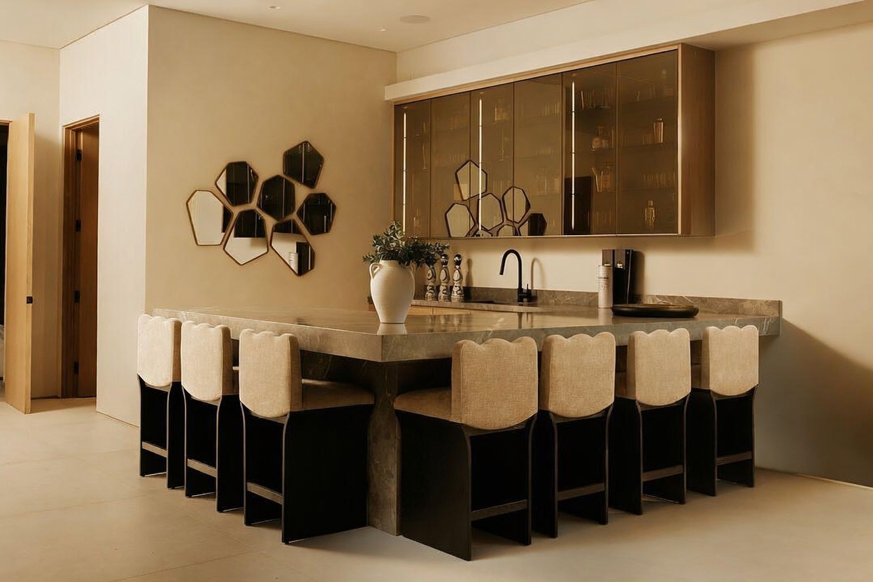 This sophisticated kitchen area features a large central island with a stone countertop and seating for six, serving as a focal point for entertaining. Behind the island, a wet bar area includes a sink, dark-toned cabinetry with glass-fronted upper cabinets, and a decorative wall arrangement of geometric mirrors. The neutral color palette and clean lines create a modern, high-end atmosphere suitable for a luxury residence.