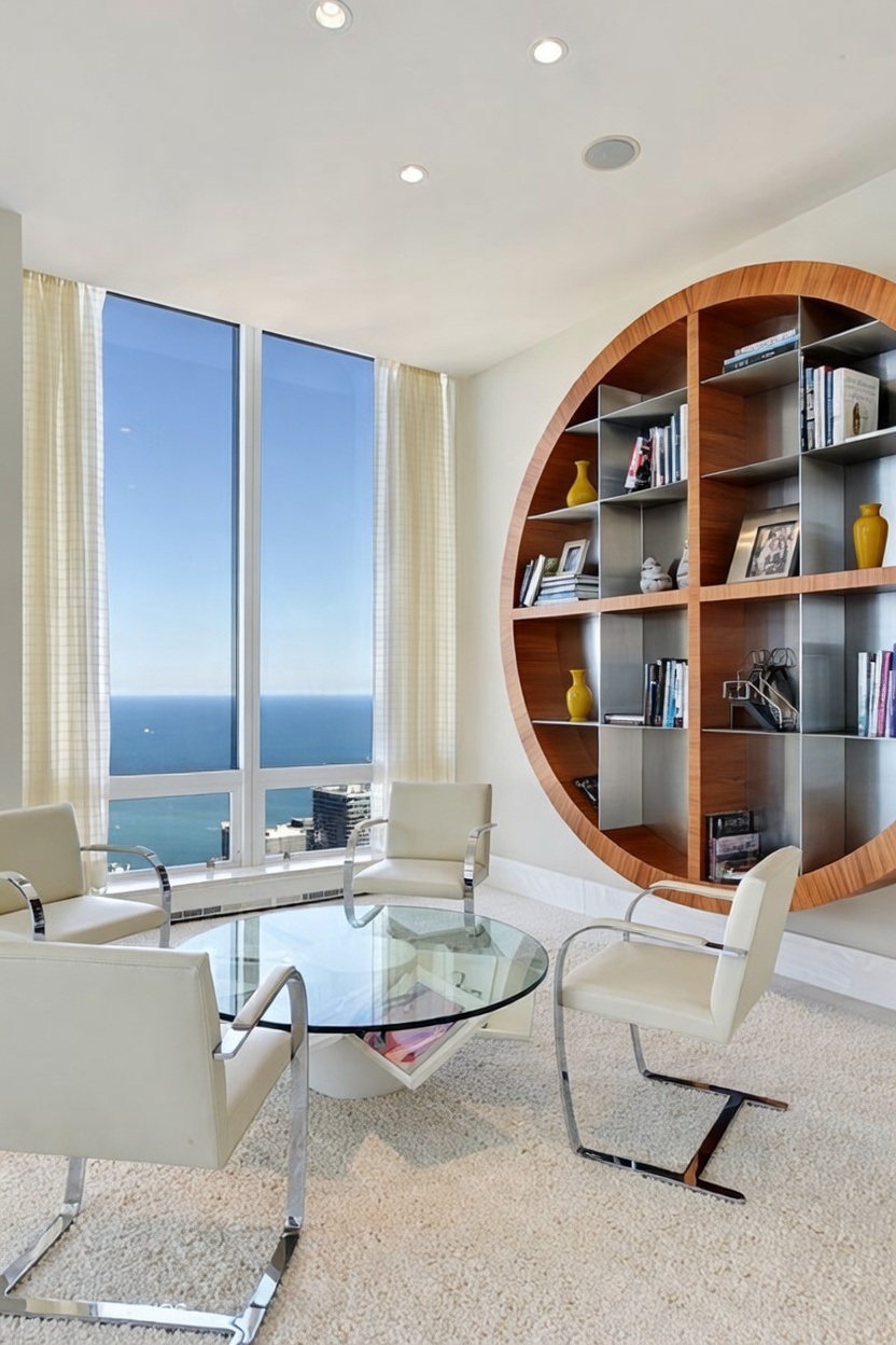 This bright, contemporary living area features a striking circular wooden bookshelf that serves as a focal point against the wall. A glass-topped coffee table sits in the center, surrounded by modern white chairs, while large windows provide an expansive, unobstructed view of the ocean and horizon. The room is characterized by its minimalist aesthetic, neutral color palette, and high-rise perspective.