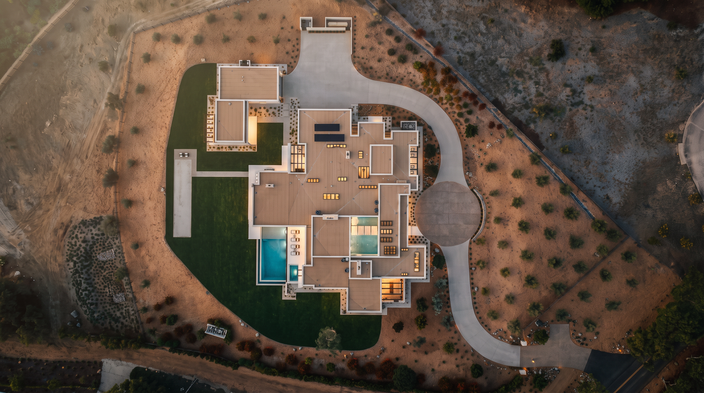 This high-altitude aerial view captures a sprawling, modern luxury estate set within a vast, arid landscape. The residence features a complex, multi-winged architectural design with flat roofs, integrated swimming pools, and expansive green lawns that contrast sharply with the surrounding natural terrain. A long, winding driveway leads to a circular motor court, emphasizing the property's secluded and grand scale.