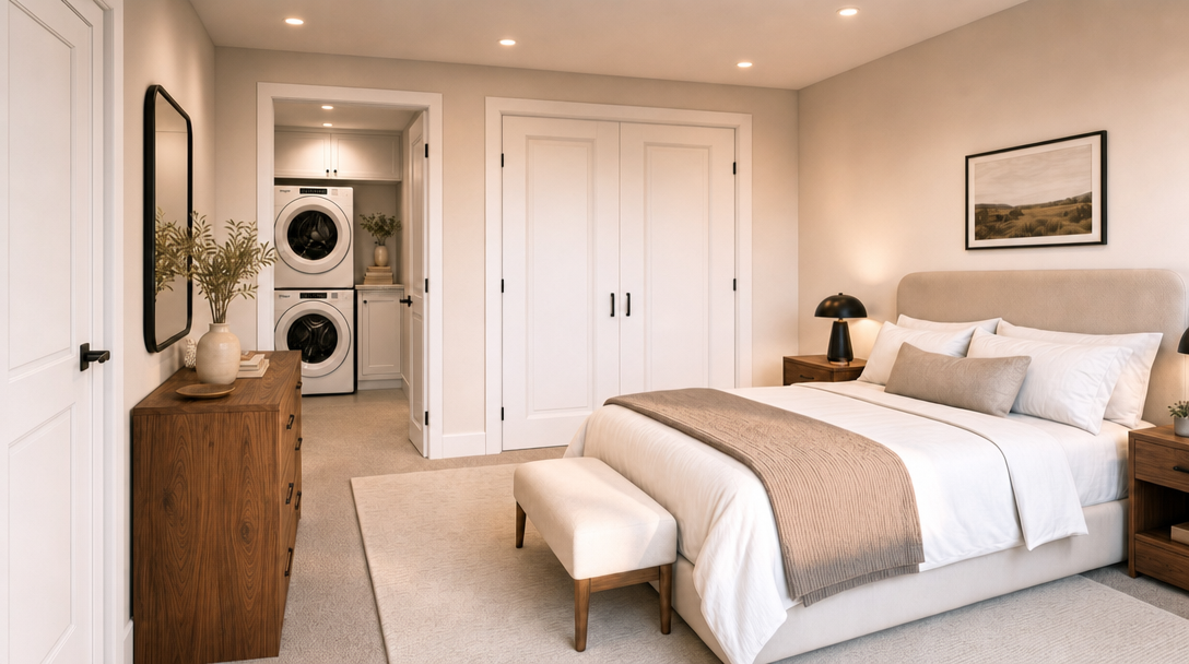 This serene primary bedroom features a modern, neutral design palette with soft tones and clean lines. The room includes a comfortable bed with layered bedding, a wooden dresser, and a convenient, attached laundry area visible through a doorway, enhancing functional living convenience. Overall, the space offers an inviting and organized atmosphere suitable for a high-end residential listing.