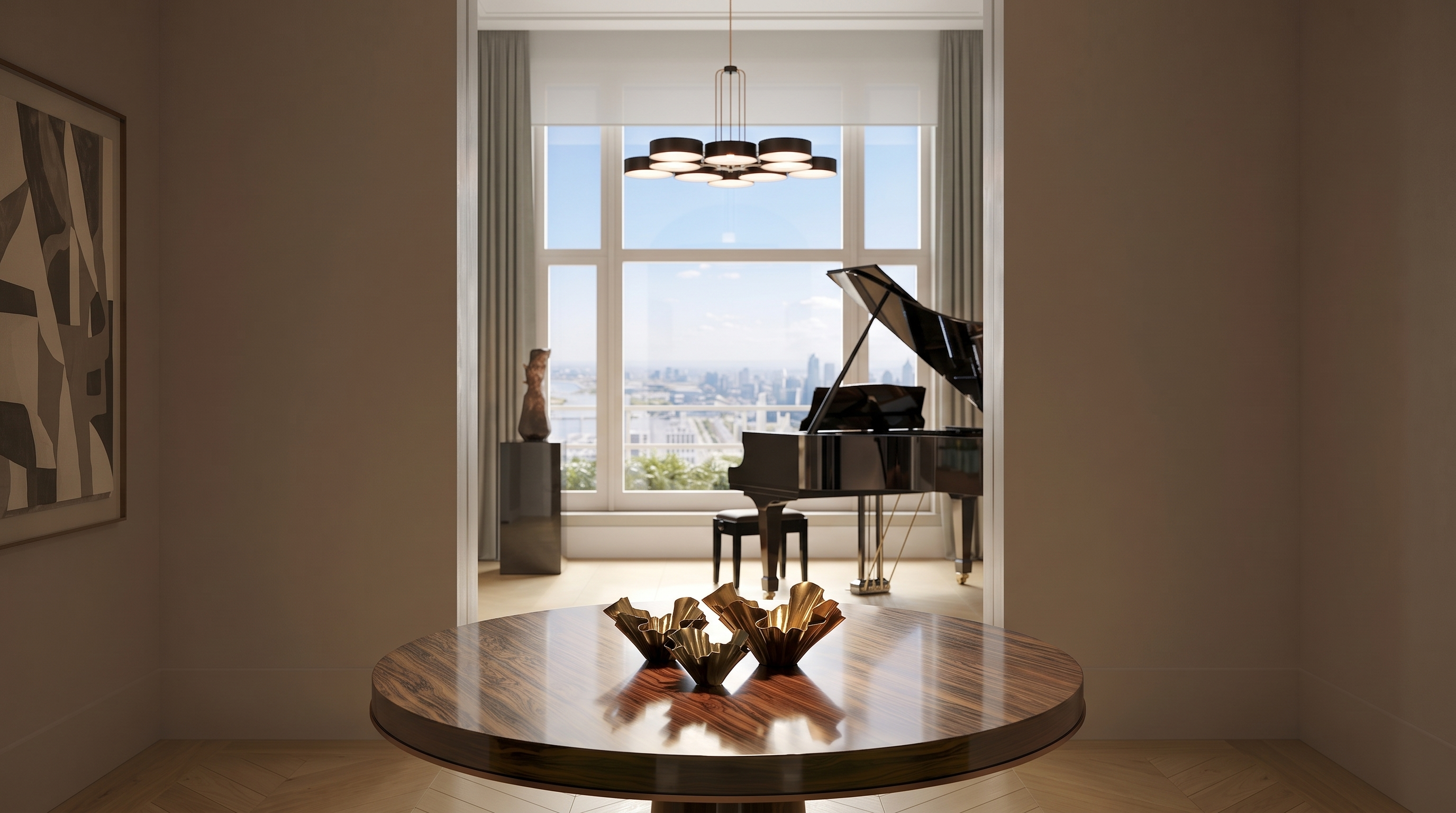 This elegant foyer features a barrel-vaulted ceiling and a circular pedestal table as a central focal point. The perspective looks through a wide arched doorway into a bright living area containing a grand piano and large windows that frame a city skyline view. The space is defined by a sophisticated, neutral color palette and high-end finishes, creating a luxurious and welcoming atmosphere.