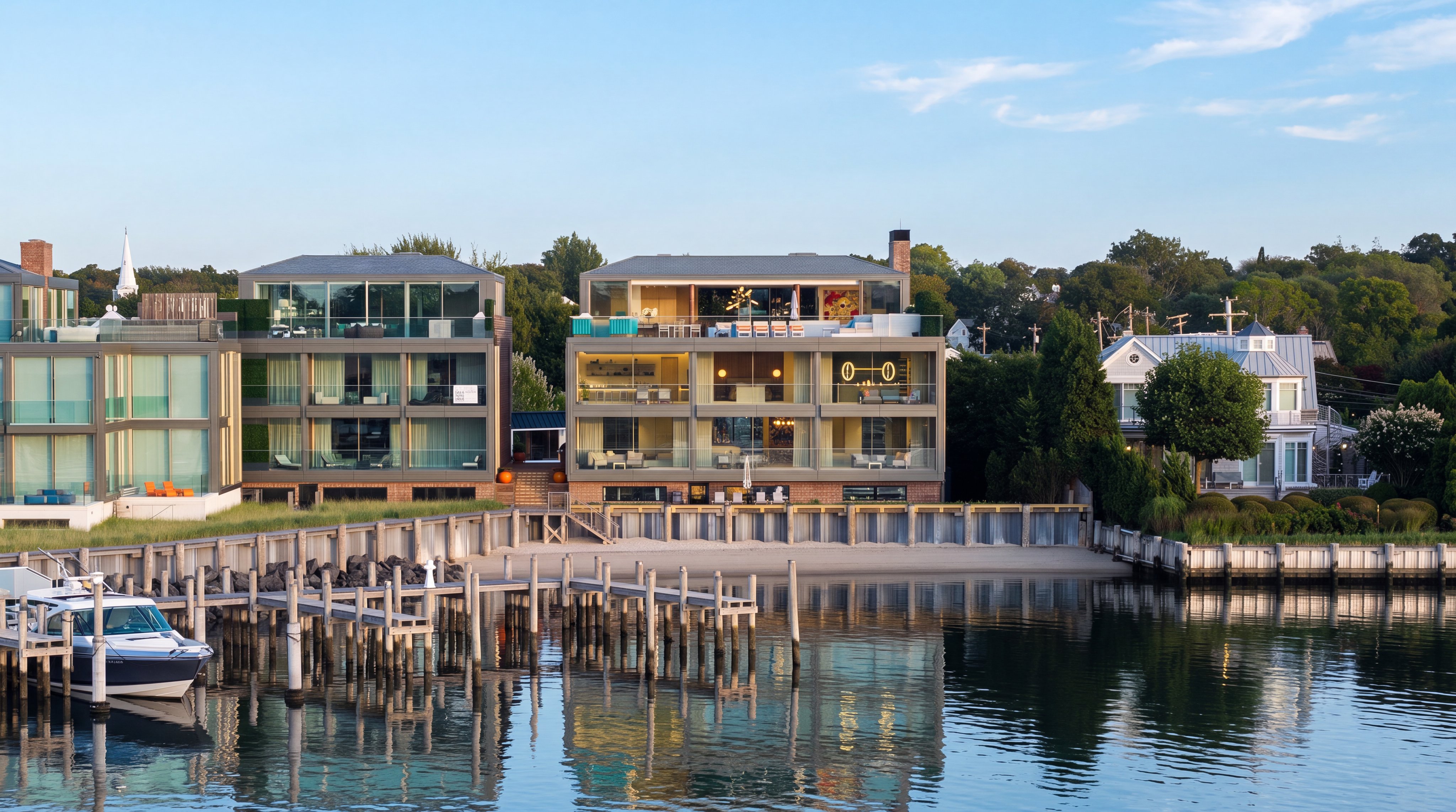 This stunning contemporary waterfront property features multi-level floor-to-ceiling glass windows that maximize natural light and unobstructed views of the water. The residence includes private balconies on multiple levels, a sophisticated architectural design, and direct access to a private wooden pier and boat slip. Its prime location provides a seamless blend of luxurious living and coastal lifestyle in a serene, high-end residential neighborhood.