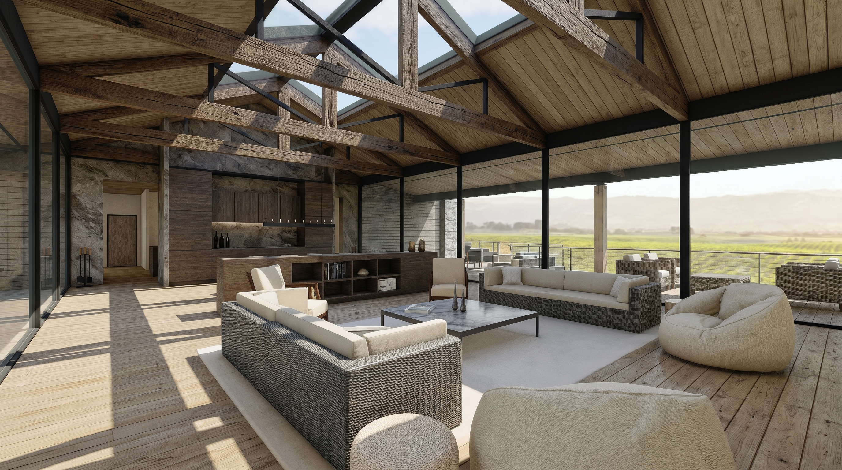 This expansive, modern living room features a dramatic vaulted ceiling with exposed timber trusses and a large glass skylight, creating an airy and light-filled atmosphere. The space is furnished with contemporary, neutral-toned sofas and a central coffee table, all set against a backdrop of floor-to-ceiling glass walls that offer panoramic views of the surrounding landscape. The combination of warm wood flooring and sleek architectural lines provides a sophisticated, high-end aesthetic perfect for luxury living.