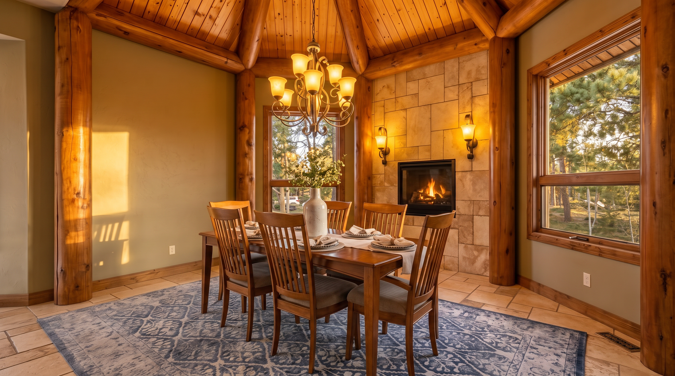 This rustic dining room features a vaulted ceiling with exposed log beams and a central chandelier, creating a warm and inviting atmosphere. A stone-clad chimney breast houses a built-in fireplace, flanked by wall sconces, while a large wooden dining table sits atop a patterned blue area rug. The space is framed by large windows that offer views of the surrounding trees, emphasizing a natural, lodge-inspired aesthetic.