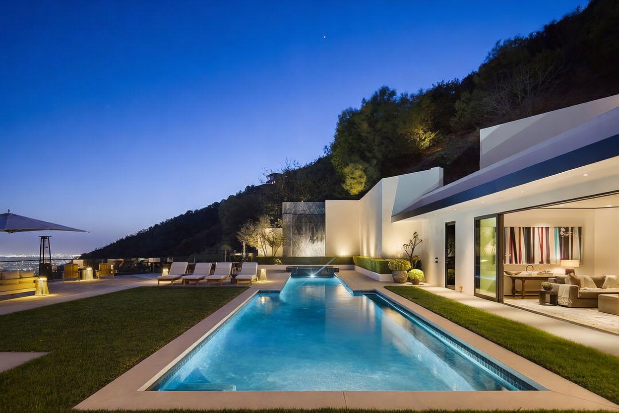 This stunning outdoor space features a sleek, rectangular swimming pool as the centerpiece, set against a backdrop of a hillside at dusk. The patio area includes lounge chairs, a manicured lawn, and a modern architectural structure with large glass doors that open to an interior living space. The scene is illuminated by warm accent lighting, creating a sophisticated and tranquil atmosphere with a panoramic view of the city lights in the distance.