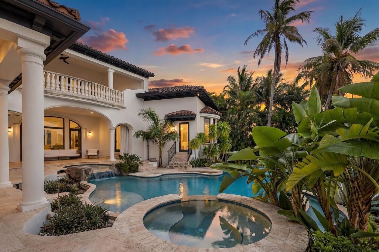 This stunning Mediterranean-style estate features a resort-inspired backyard with a multi-level swimming pool and a circular integrated spa. The white stucco architecture is complemented by a covered patio area, a stone-accented water feature, and lush tropical landscaping including palm trees and large-leafed plants. The scene is captured at sunset, with the warm golden light reflecting off the water and highlighting the elegant balcony above the pool deck.