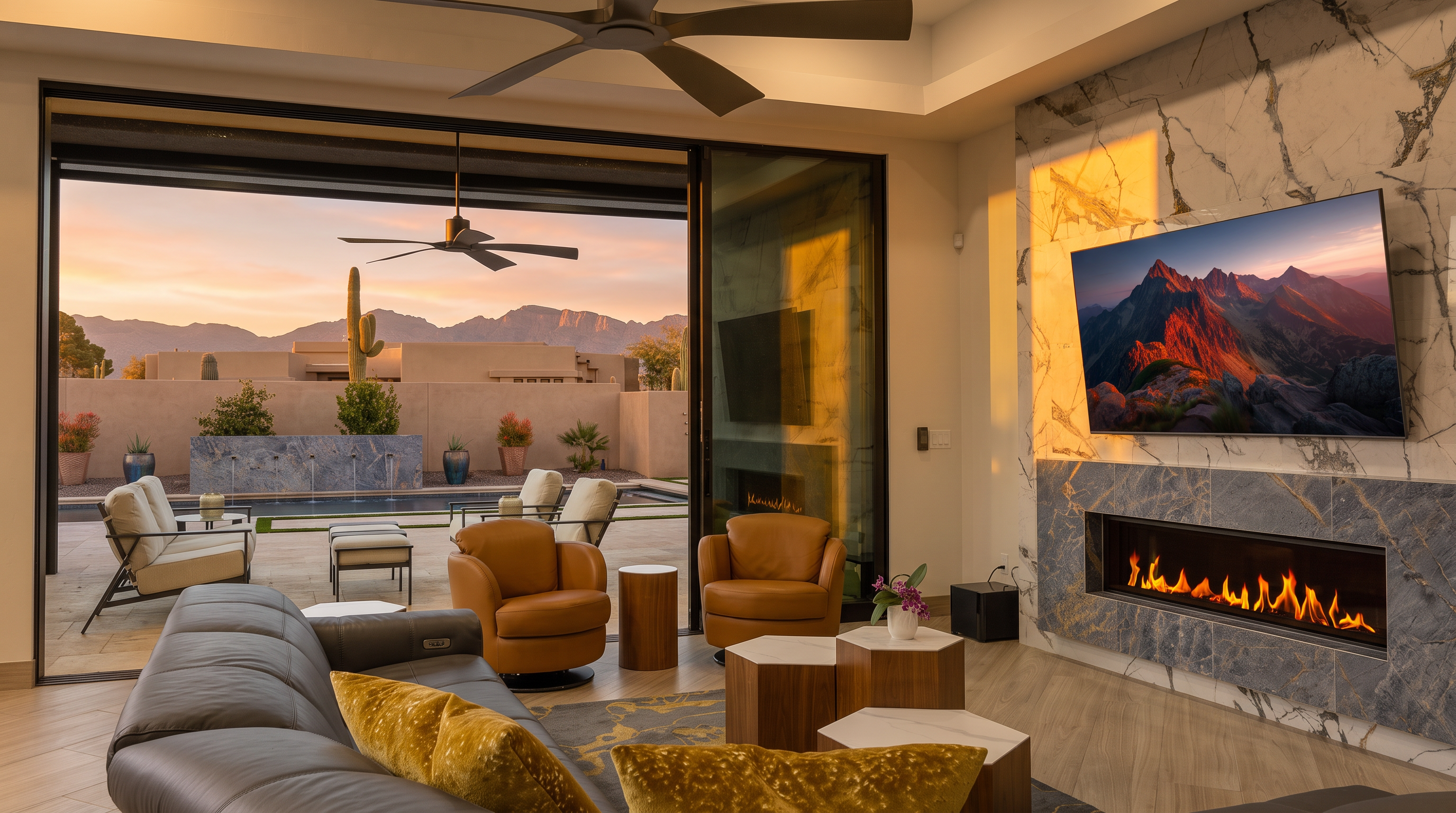 This contemporary living room features a large, dark grey sectional sofa with gold-toned accent pillows, positioned to face a striking fireplace with a tall, blue-veined stone surround. A wall of glass panels slides open to reveal a seamless transition to an outdoor patio, pool, and desert mountain landscape. The space is anchored by a patterned rug and two leather swivel chairs, creating a sophisticated and inviting atmosphere for relaxation.