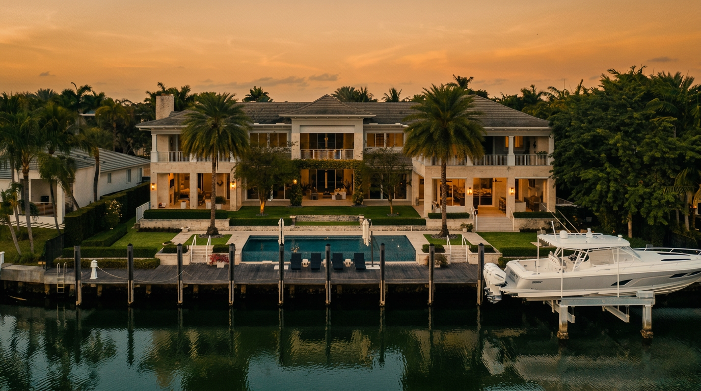 This expansive two-story waterfront estate is captured from a low-altitude aerial perspective, showcasing its symmetrical architectural design and manicured grounds. The property features a large swimming pool set within a stone patio, a private wooden dock with a boat lift, and lush landscaping that frames the residence. The warm, golden-hour lighting enhances the serene atmosphere of this luxury home, highlighting its direct access to the canal.