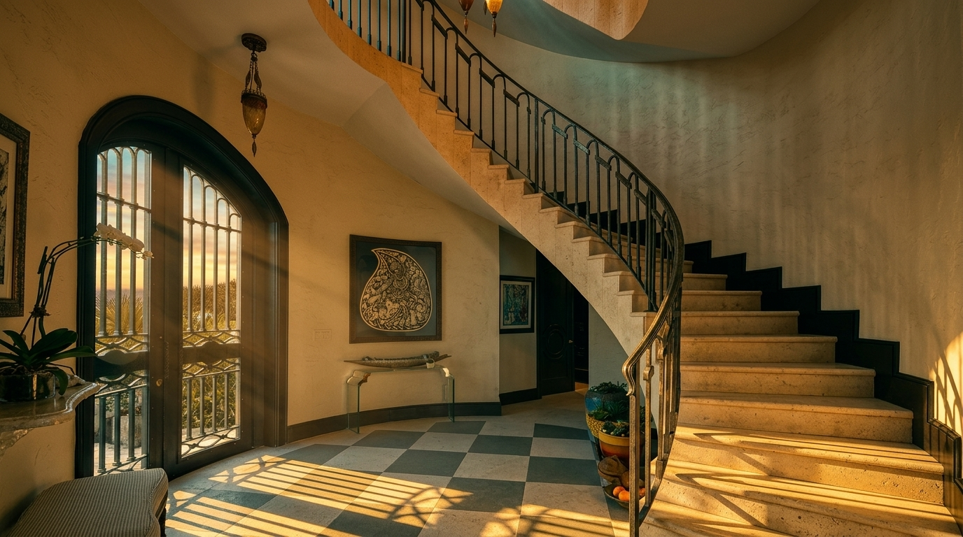 This grand foyer features a sweeping curved staircase with a decorative iron railing and stone steps, serving as the focal point of the space. To the left, an arched glass-paneled door provides an elegant entry, while the floor is finished in a classic black-and-white checkered pattern. The area is illuminated by ornate hanging lanterns, creating a sophisticated and welcoming atmosphere.