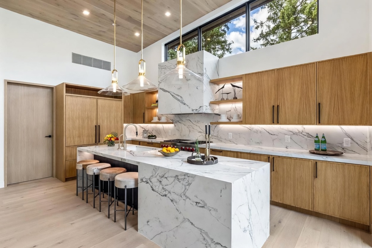 This modern, high-end kitchen features a large central island with a waterfall-edge stone countertop and integrated seating for four. The space is defined by light wood cabinetry, a striking stone-clad range hood, and warm under-cabinet lighting that highlights the backsplash. Large windows above the cabinetry allow natural light to flood the room, creating an airy and sophisticated atmosphere.