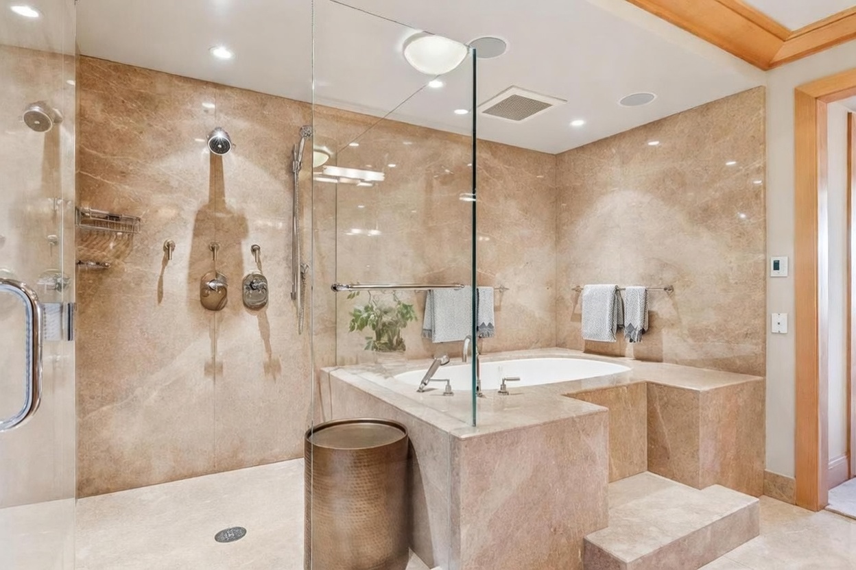 This luxurious primary bathroom features a spacious walk-in shower area combined with a built-in soaking tub, all encased in light-toned stone tile. A glass partition separates the shower from the tub area, which includes a step-up platform and chrome fixtures. The space is illuminated by recessed lighting and a central ceiling fixture, creating a bright and sophisticated atmosphere.
