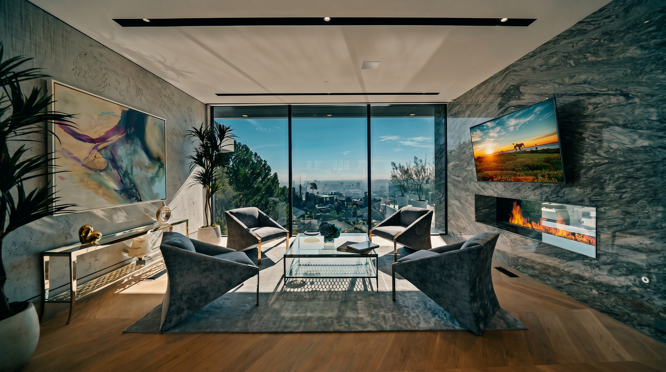 This sophisticated living room features a contemporary design with a striking floor-to-ceiling marble fireplace wall and expansive glass windows that frame a panoramic city view. The space is furnished with four plush, velvet-upholstered armchairs arranged around a sleek glass coffee table, all set upon a textured area rug over light-toned herringbone wood flooring. The room exudes a luxurious, high-end atmosphere, enhanced by minimalist recessed lighting and a large abstract art piece on the side wall.
