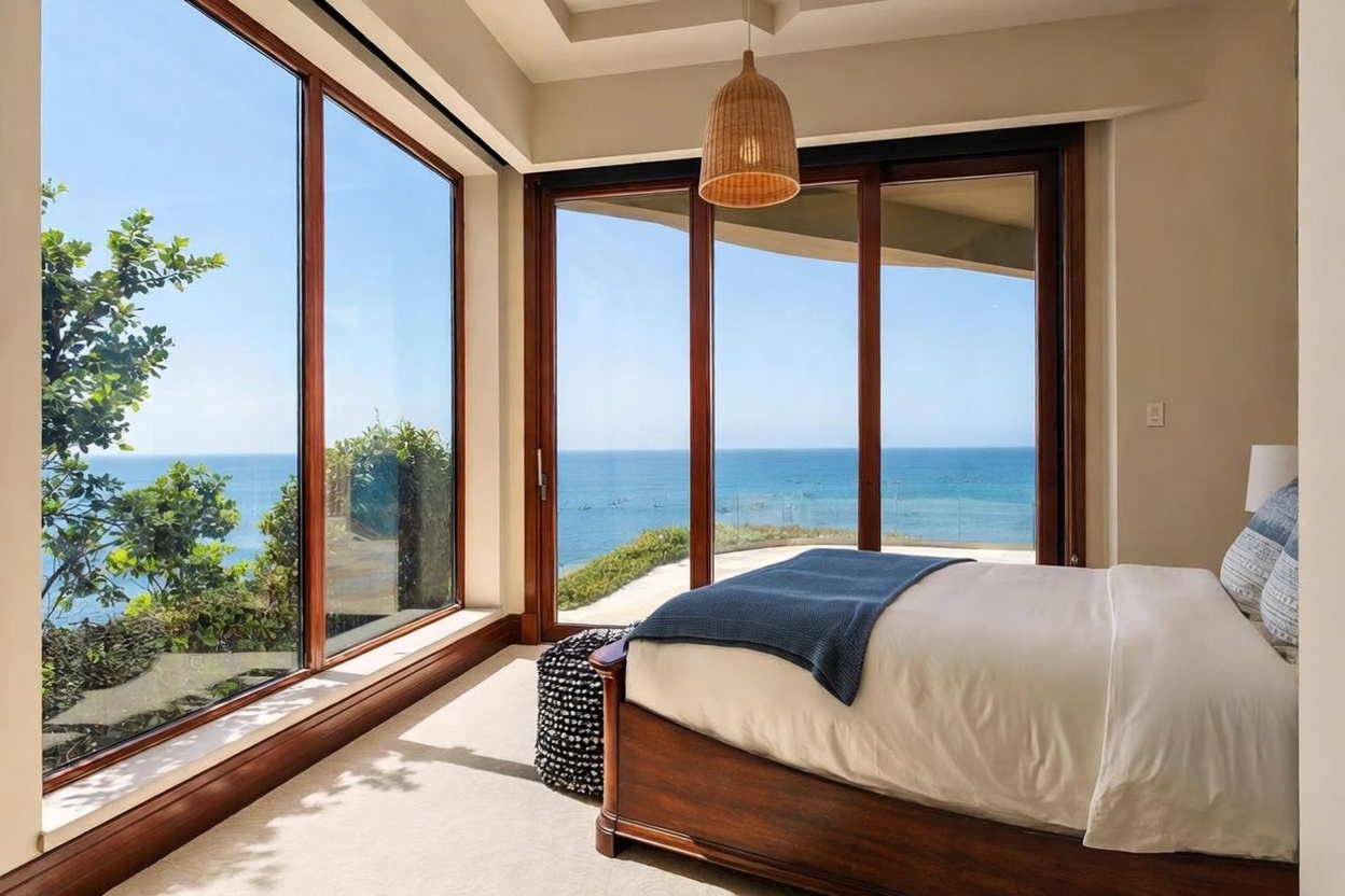 This primary bedroom features expansive floor-to-ceiling windows that frame a stunning, unobstructed view of the ocean. The room is furnished with a bed dressed in crisp white linens and a blue throw, complemented by a textured ottoman at the foot of the bed and a woven pendant light fixture overhead. The neutral color palette and minimalist design emphasize the dramatic coastal scenery visible from the room.