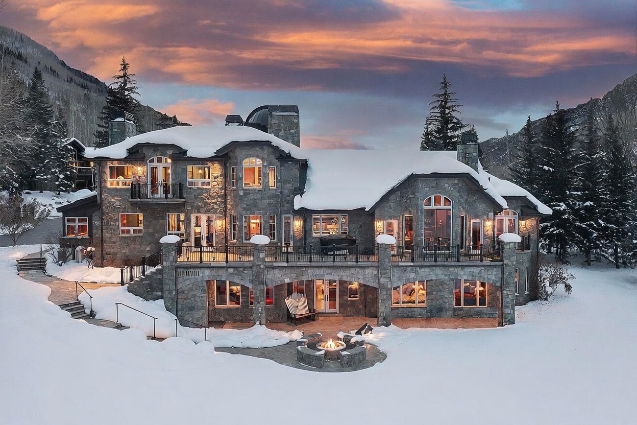 This expansive mountain estate features a rugged stone facade and a multi-level design, perfectly integrated into a snowy, forested landscape. The rear of the home showcases a large elevated deck with iron railings, a lower-level stone patio with a circular fire pit, and numerous windows that capture the dramatic sunset sky. The cinematic perspective highlights the home's grand scale and its serene, secluded setting against a backdrop of towering pine trees and mountain slopes.