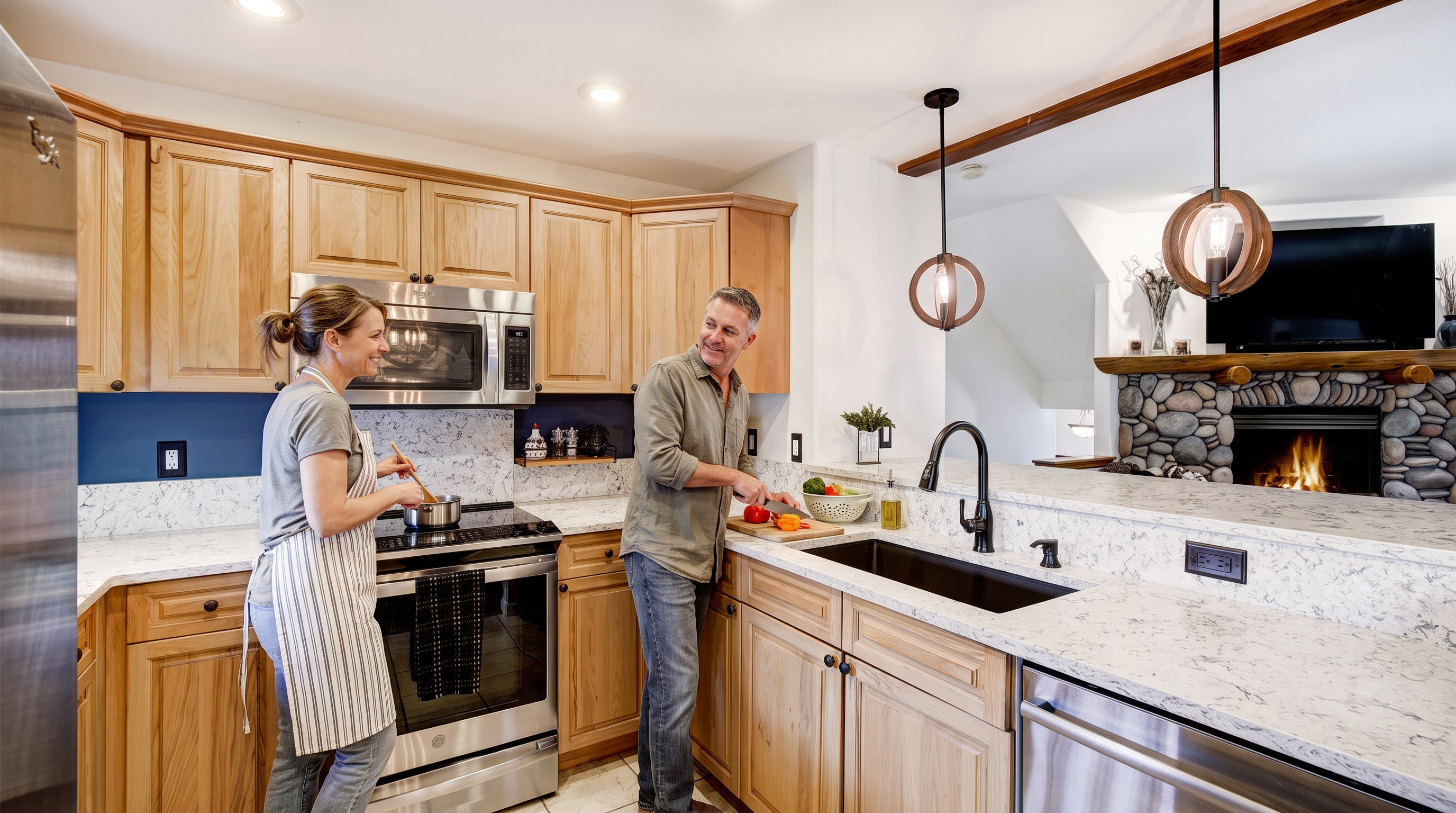 This warm and inviting kitchen features natural wood cabinetry complemented by elegant white marble-style countertops and a stylish dark sink. A couple is shown preparing a meal, highlighting the functional and open layout that transitions seamlessly into a cozy living area with a stone fireplace. The space is well-lit with modern pendant lighting, creating an atmosphere that is both practical for cooking and perfect for family living.