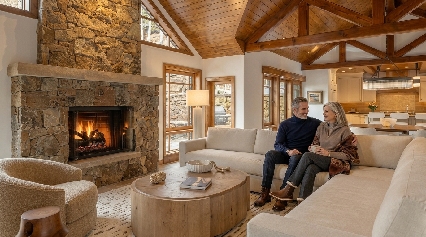 This spacious living room features a vaulted wood-paneled ceiling with exposed beams and a prominent stone-clad chimney breast housing a fireplace. The open-concept layout flows into a dining area, with large windows providing views of the surrounding trees and natural light. The room is furnished with a neutral-toned sectional sofa, a round wooden coffee table, and a textured area rug, creating a warm and inviting mountain-lodge aesthetic.
