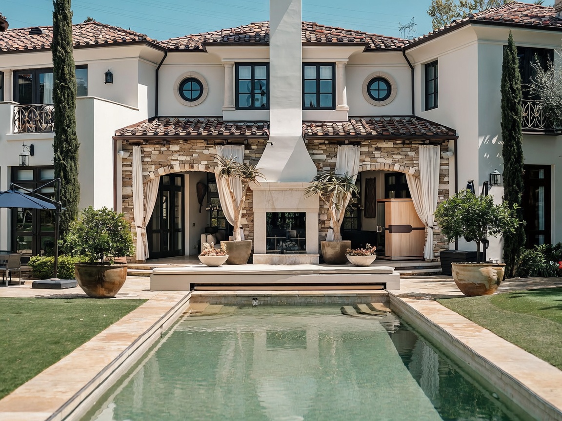 This elegant Mediterranean-style estate features a symmetrical rear facade with a prominent stone-clad chimney breast centered between two arched loggias. A rectangular swimming pool sits in the foreground, flanked by manicured lawn and large potted trees, creating a serene outdoor living space. The architecture is defined by white stucco walls, dark-framed windows, and a classic terracotta tile roof.