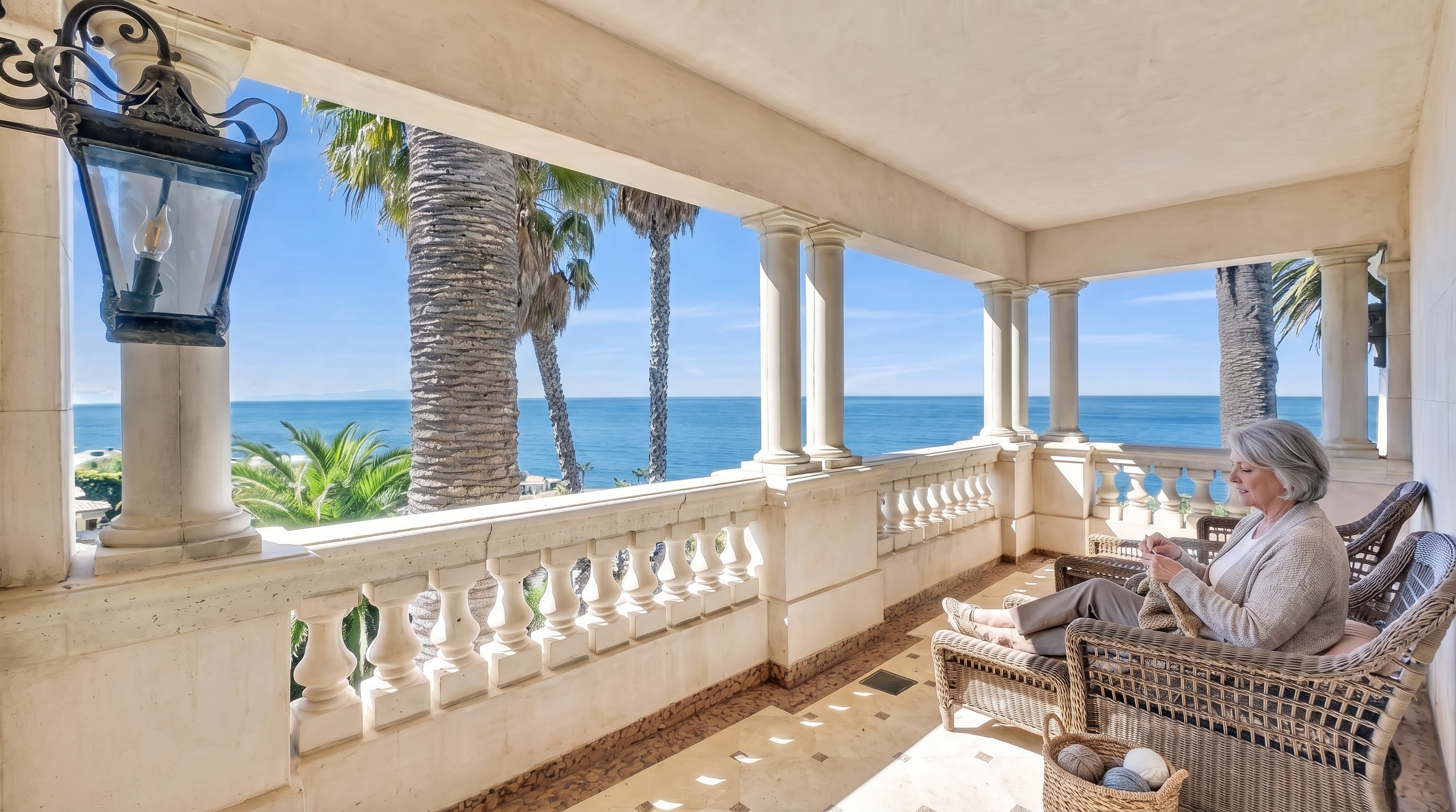 This elegant, covered balcony offers a stunning, unobstructed view of the ocean, framed by classic stone columns and a decorative balustrade. The space is furnished with comfortable wicker seating, creating a serene outdoor retreat perfect for enjoying the coastal scenery. A vintage-style wall-mounted lantern adds a touch of charm to the light-toned, open-air architecture.