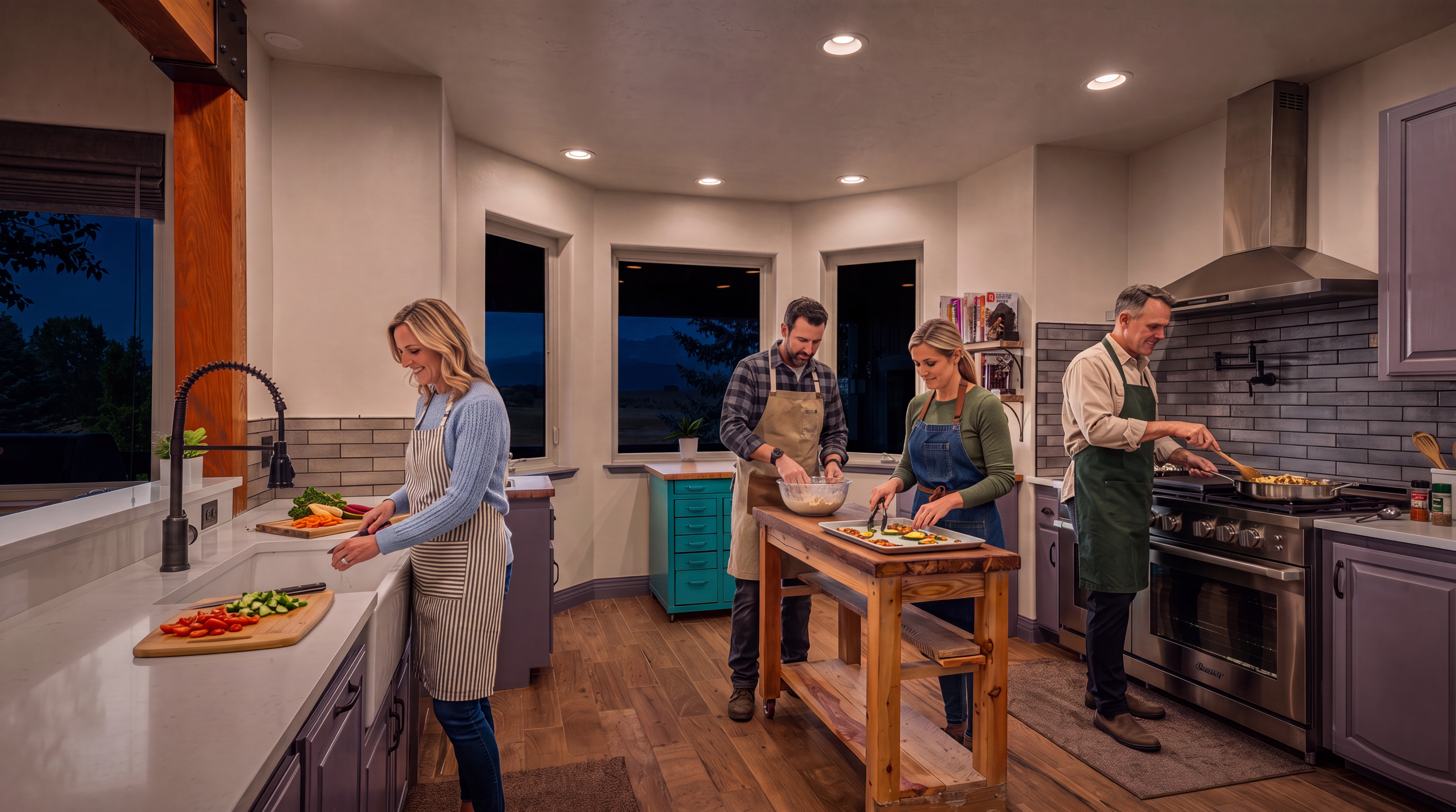 This bright and inviting country-style kitchen features grey cabinetry with white countertops, a large professional-grade Dacor range, and a rustic wooden rolling kitchen island. Unique design elements include a vibrant turquoise storage cabinet, a farmhouse sink with an exposed faucet, and panoramic windows offering expansive mountain views. The combination of warm wood flooring and sleek subway tile backsplashes creates a sophisticated yet cozy atmosphere.
