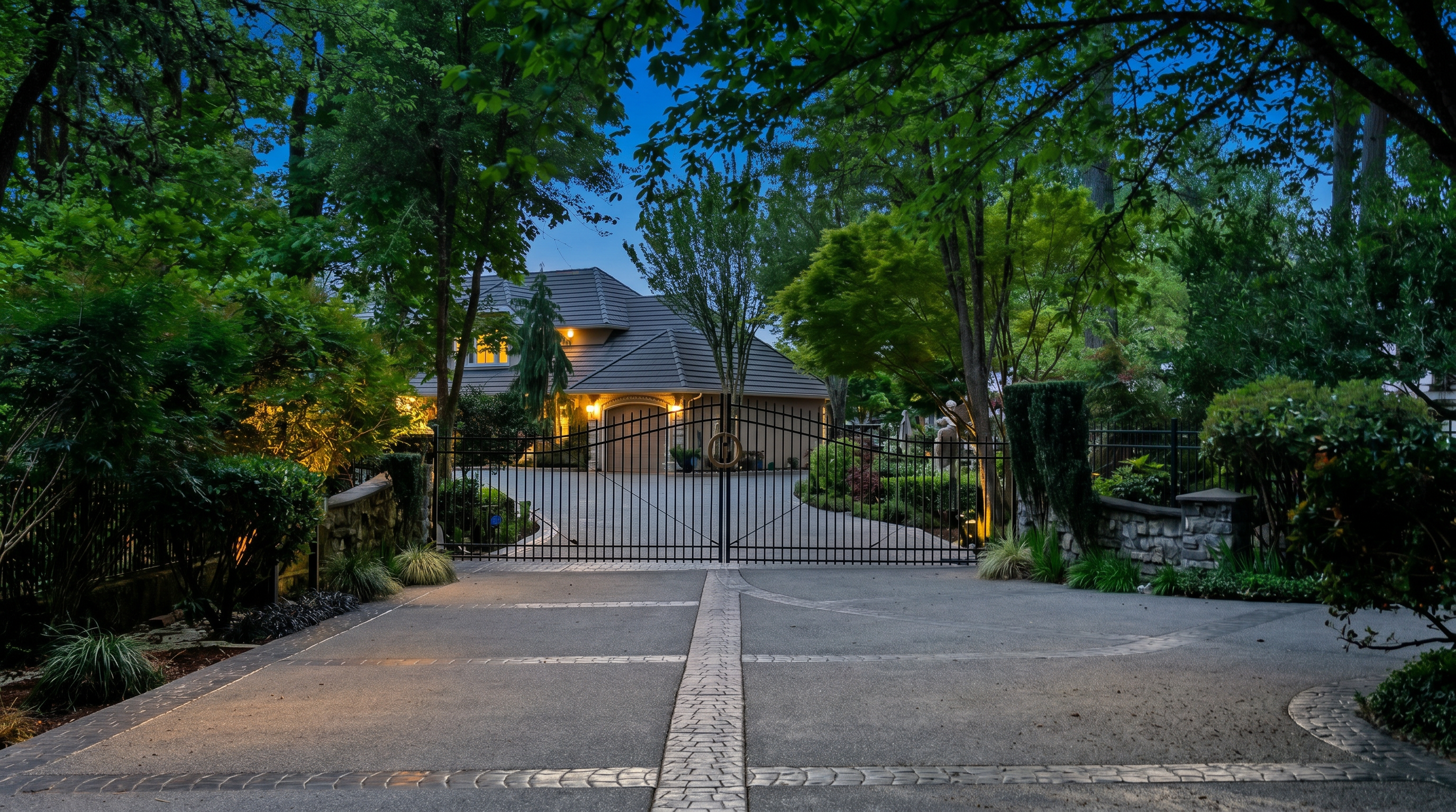 This image captures the gated entrance to a private residential property, featuring a large, ornate black metal gate that serves as the focal point. A paved driveway with decorative stone inlay leads up to the gate, framed by lush, mature trees and manicured landscaping. Beyond the gate, a multi-story home with a complex roofline and warm exterior lighting is visible, creating an inviting and secure atmosphere.
