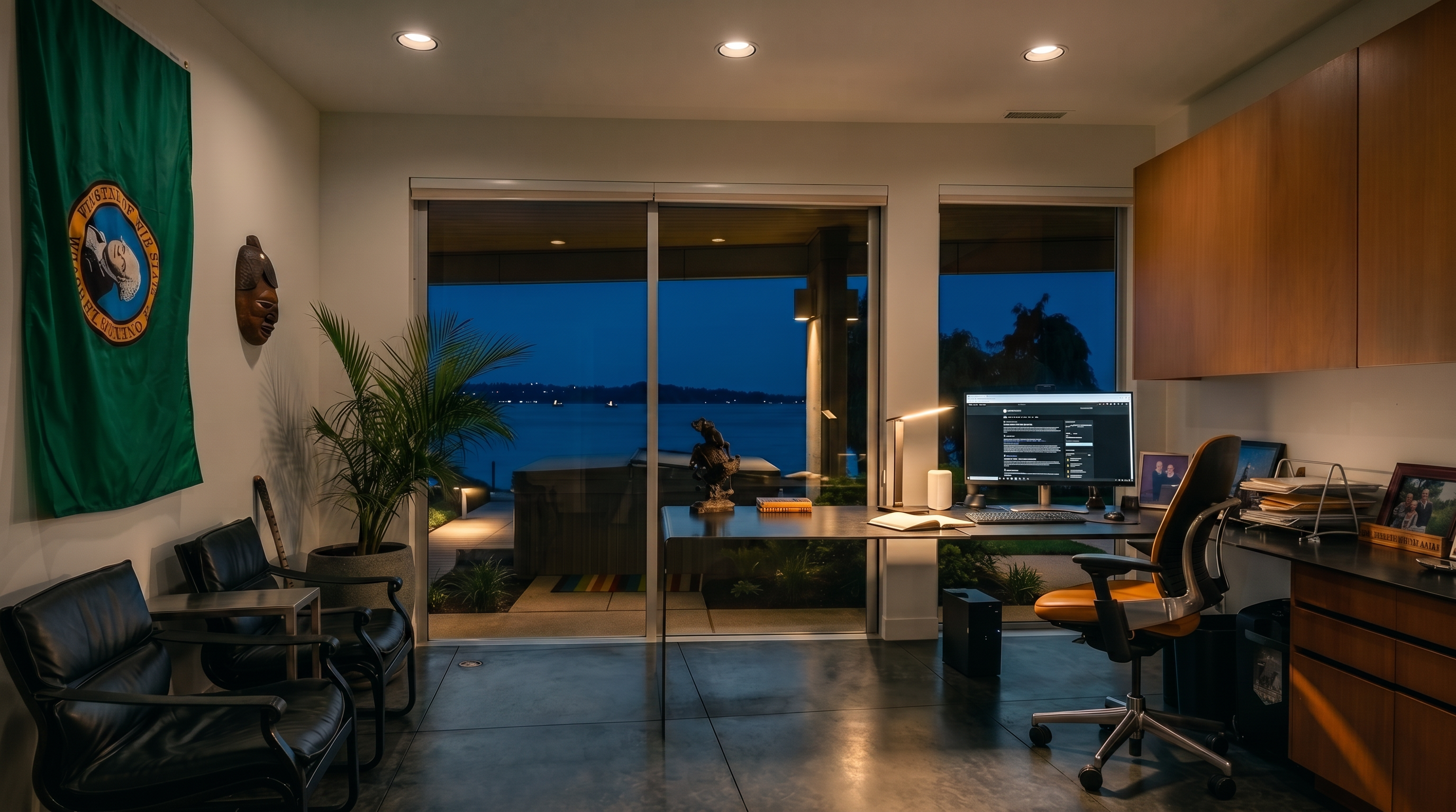 This modern home office features sleek dark tile flooring and a minimalist metal desk positioned to overlook a scenic waterfront view through large sliding glass doors. The room is equipped with built-in light wood cabinetry for storage, two black leather chairs for seating, and a large green flag displayed on the wall. The space offers a professional yet serene atmosphere, perfectly blending functional workspace with natural beauty.