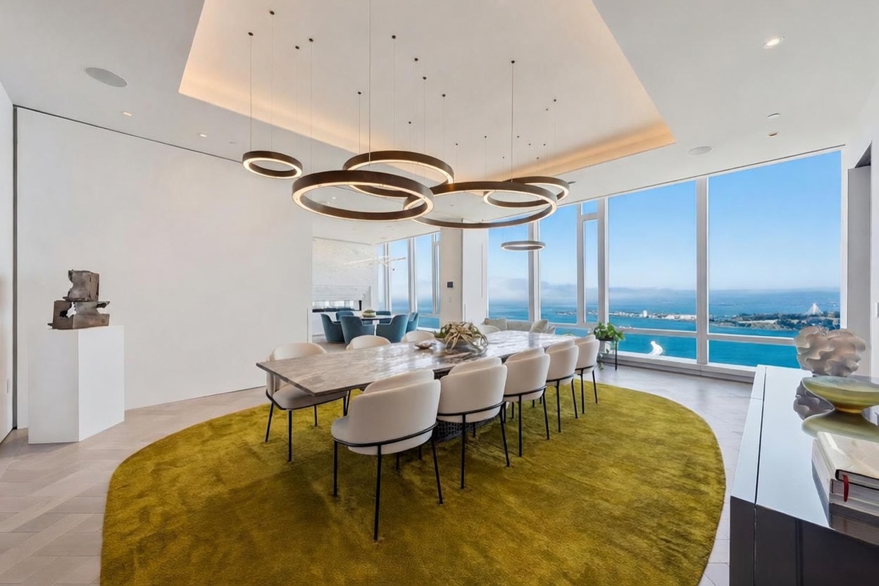 This sophisticated dining room features a long, stone-topped table surrounded by ten modern, light-colored upholstered chairs, all set atop a large, circular olive-green rug. Above the table, a striking, multi-tiered circular pendant light fixture serves as a dramatic focal point, while expansive floor-to-ceiling windows provide panoramic views of the bay and city skyline. The room is characterized by a minimalist aesthetic, clean white walls, and light-toned wood flooring, creating an airy and luxurious atmosphere.