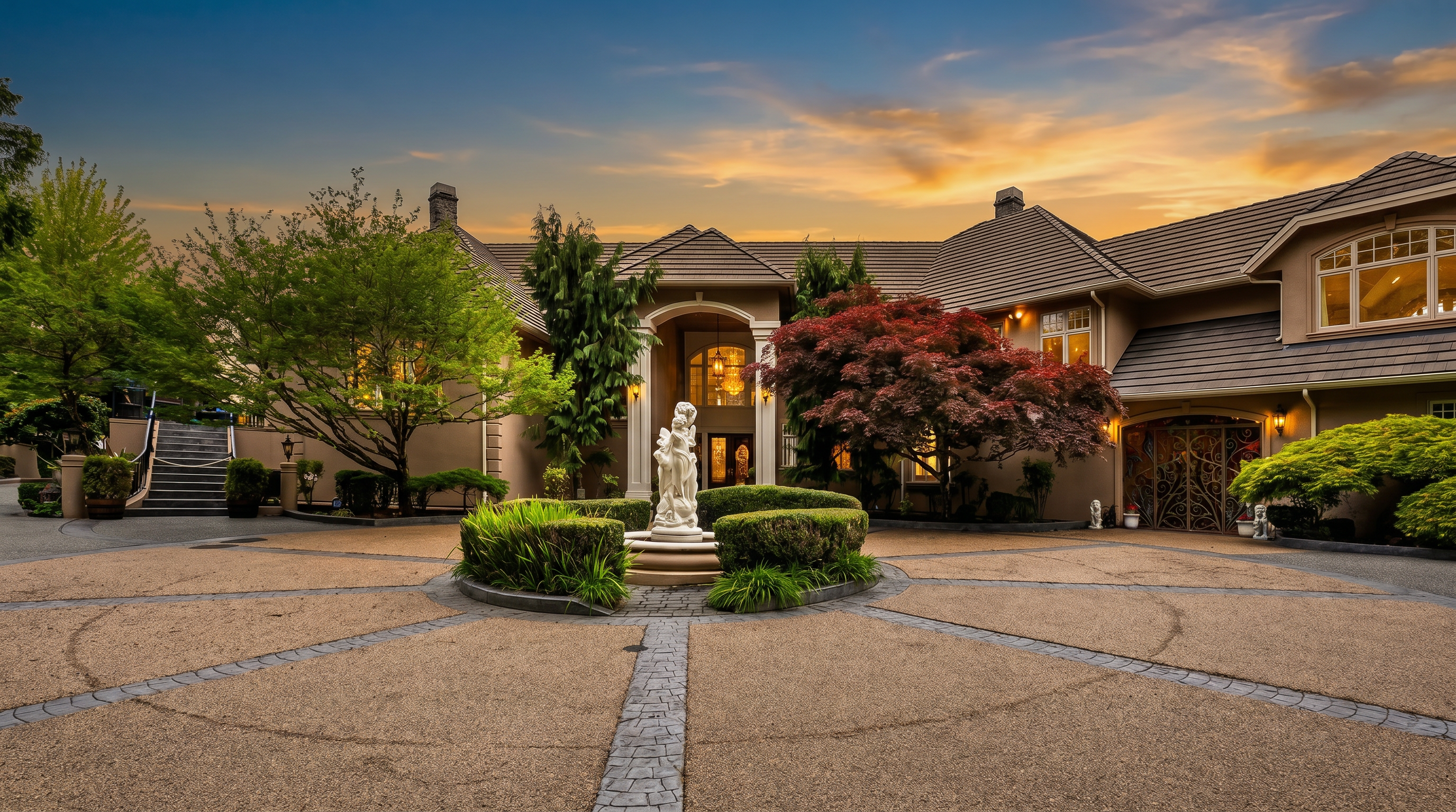 This grand estate features a sprawling circular driveway paved with textured stone, centered around a decorative fountain and manicured landscaping. The home's exterior showcases a sophisticated architectural design with multiple roof gables, a prominent arched entryway, and a mix of warm-toned siding. A mature Japanese maple with deep red foliage provides a striking focal point against the neutral facade, creating an inviting and luxurious curb appeal.