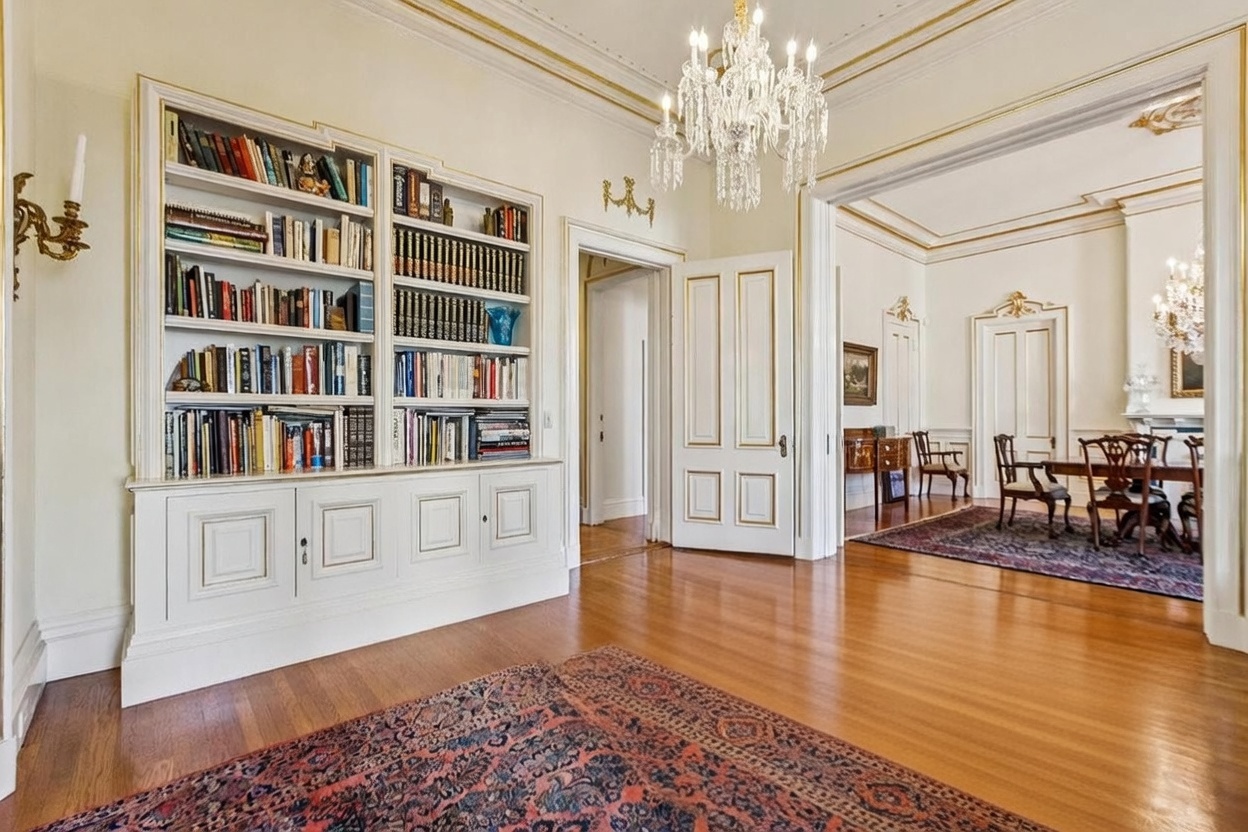 This elegant room features a built-in library wall with white cabinetry and extensive shelving, complemented by a large, ornate crystal chandelier. The space is anchored by a rich, patterned area rug over polished wood floors, with a wide doorway leading into an adjacent formal dining area. The architectural details, including gold-trimmed moldings and classic door frames, contribute to a sophisticated and traditional aesthetic.