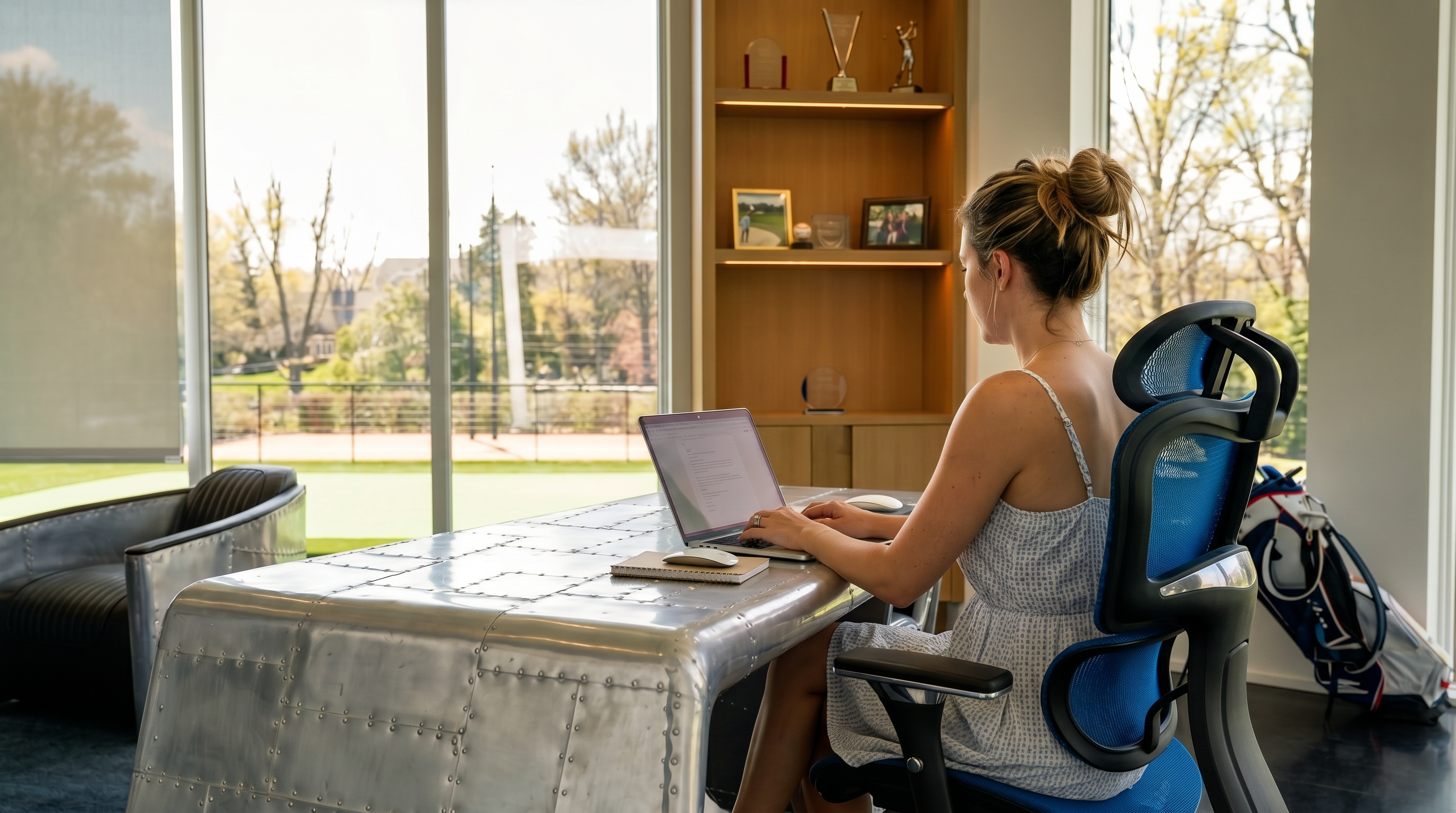 This modern home office features a striking industrial aesthetic with a metallic desk and matching armchairs set upon a dark blue area rug. A dark wood-paneled wall serves as a backdrop for a fireplace and a wall-mounted television, while floor-to-ceiling windows provide an expansive view of the outdoor putting green. The room is completed by a built-in shelving unit and a high-end ergonomic office chair, creating a sophisticated and professional workspace.