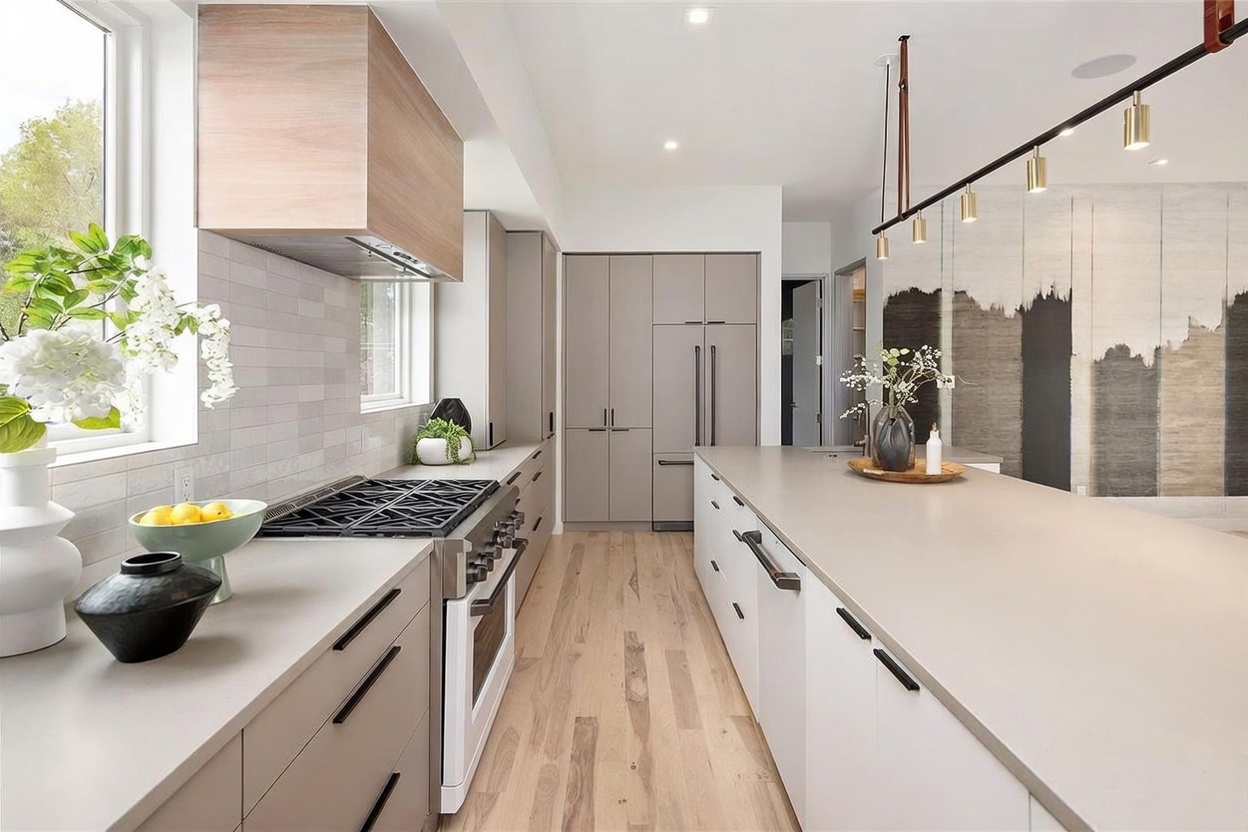 This modern kitchen features a sleek, minimalist design with light-toned cabinetry, a large central island, and a professional-style gas range. The space is accented by a light wood range hood, a linear pendant light fixture, and a large-scale abstract wall mural that adds a dramatic artistic touch. The perspective is a straight-on view looking down the galley-style layout, highlighting the clean lines and high-end finishes.