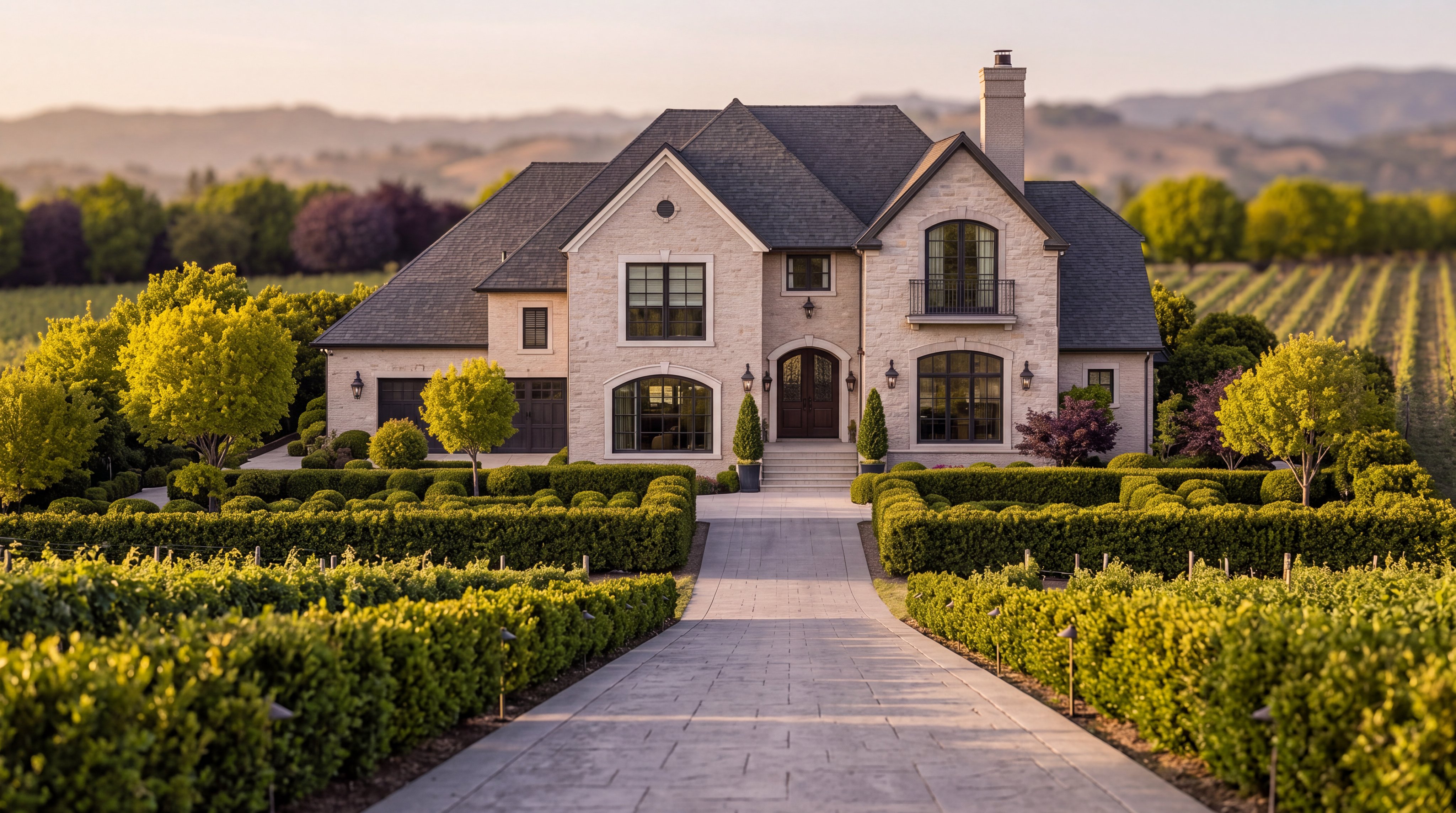 This elegant, multi-story stone estate features a grand, symmetrical front facade with a prominent arched entryway and classic dark-framed windows. The property is beautifully framed by lush, manicured boxwood hedges and a long, paved driveway that leads to the front entrance, set against the backdrop of a picturesque vineyard at sunset. The sophisticated architectural design and meticulously landscaped gardens create a luxurious and inviting curb appeal.